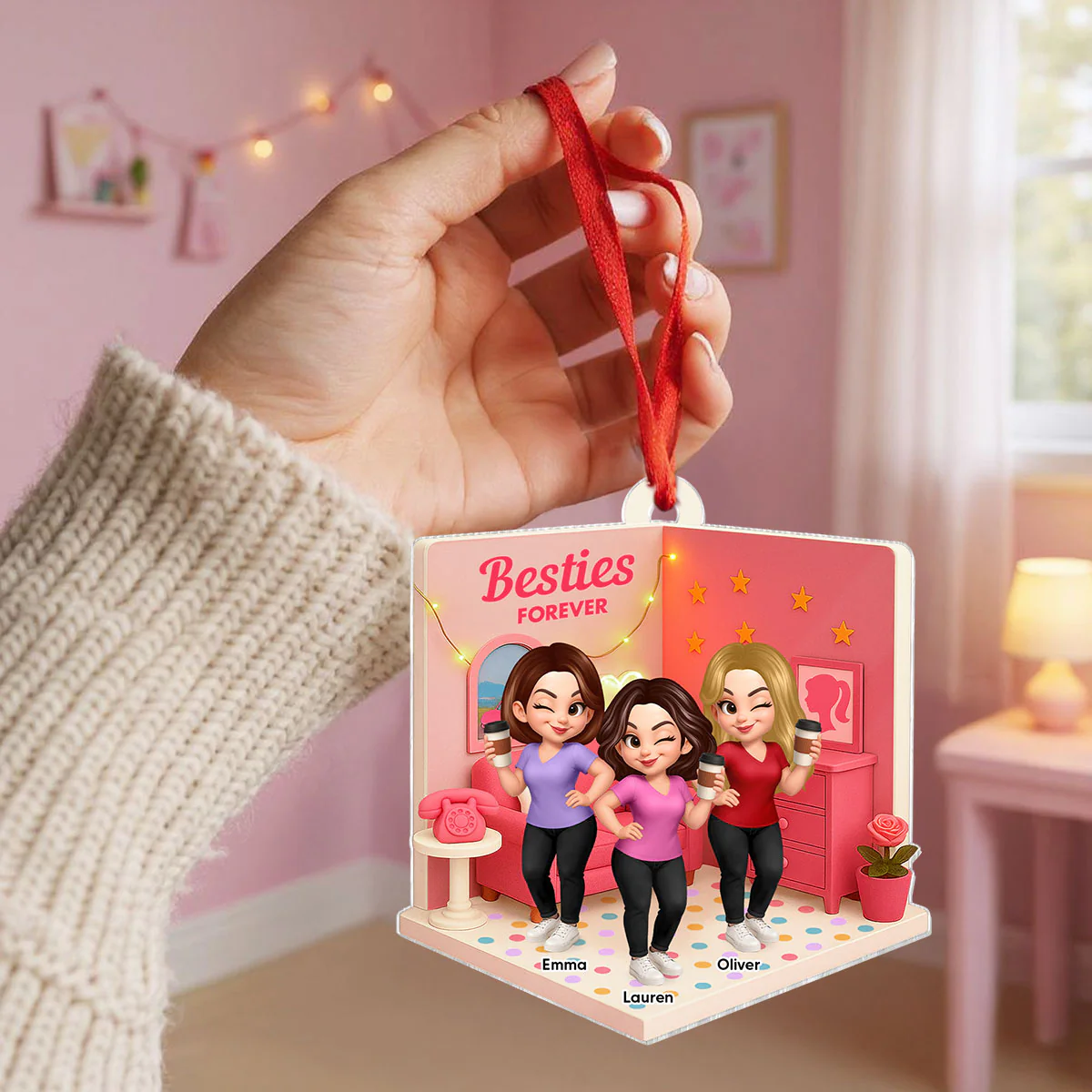 Pink Besties Sisters 3D Effect In House Personalized Acrylic Ornament - Image 4