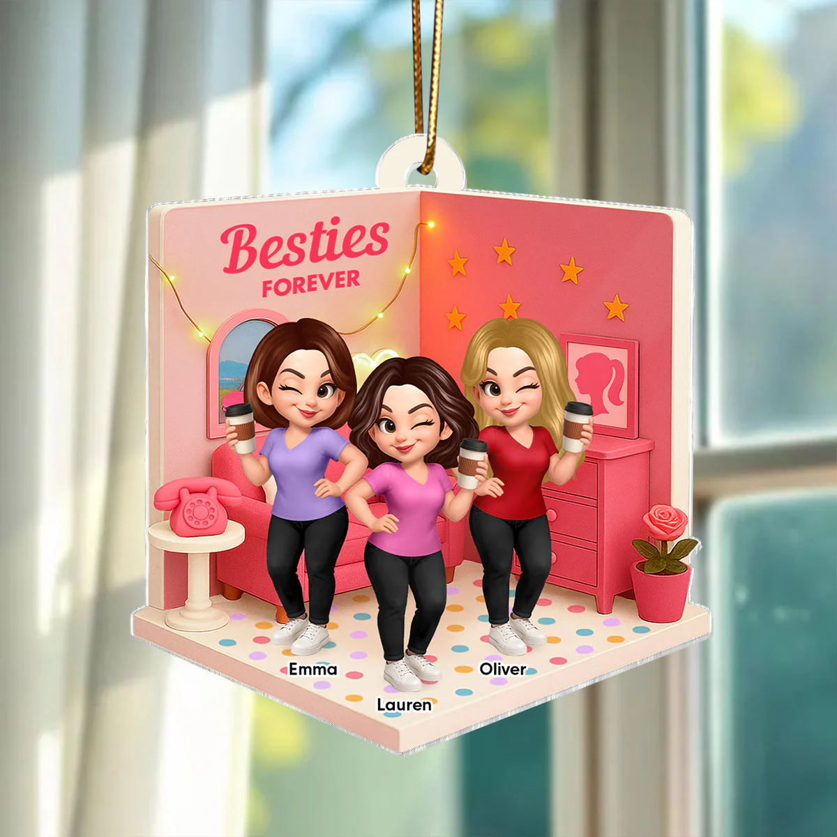 Pink Besties Sisters 3D Effect In House Personalized Acrylic Ornament - Image 5