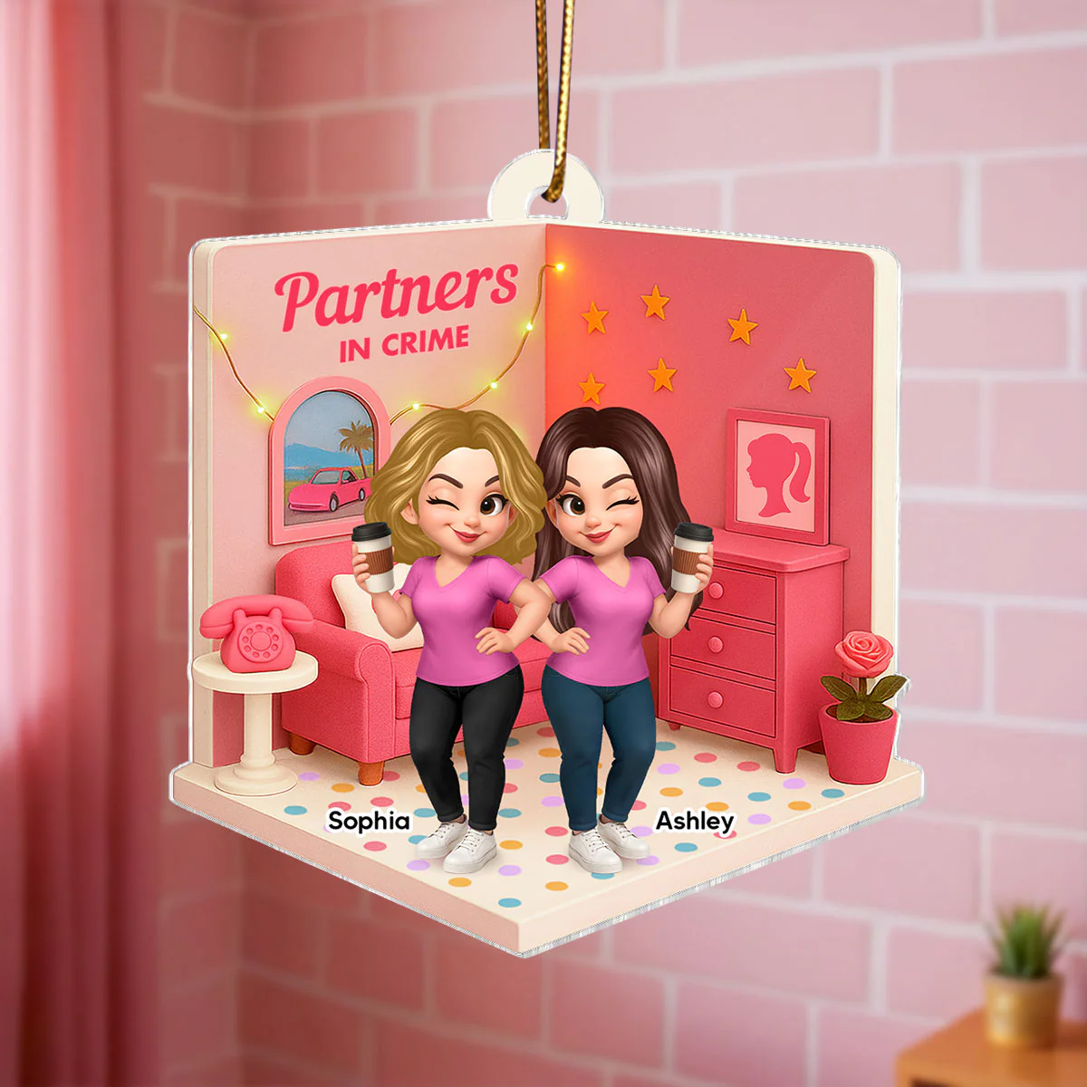 Pink Besties Sisters 3D Effect In House Personalized Acrylic Ornament - Image 6