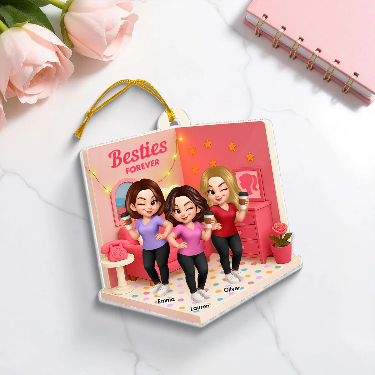 Pink Besties Sisters 3D Effect In House Personalized Acrylic Ornament - Image 7