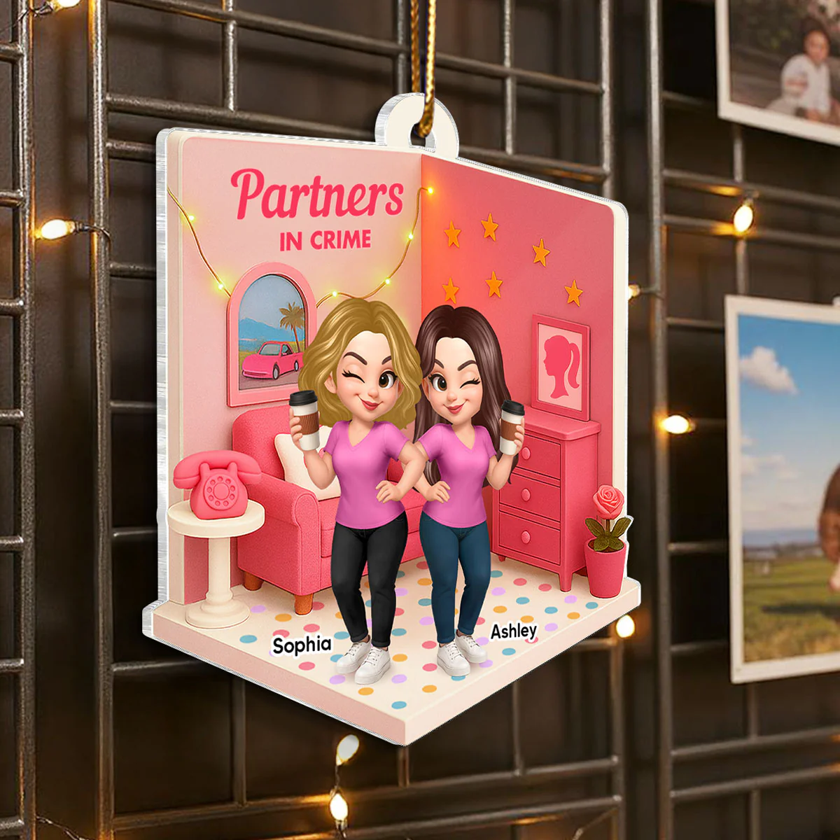 Pink Besties Sisters 3D Effect In House Personalized Acrylic Ornament - Image 8
