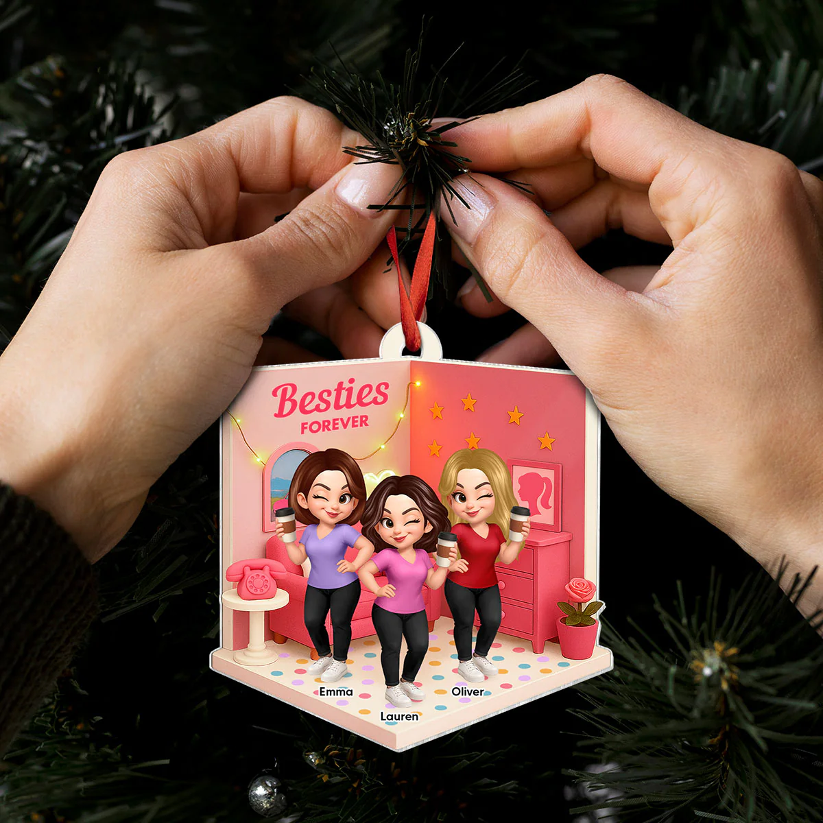 Pink Besties Sisters 3D Effect In House Personalized Acrylic Ornament - Image 9