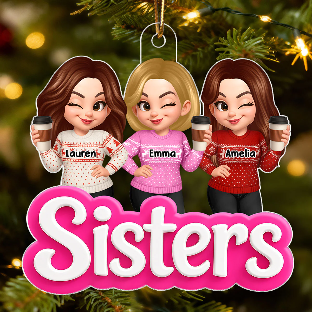 Pink Besties Sisters 3D Effect - Personalized Acrylic Ornament - Christmas Gift for Best Friends, for Sisters - Image 3