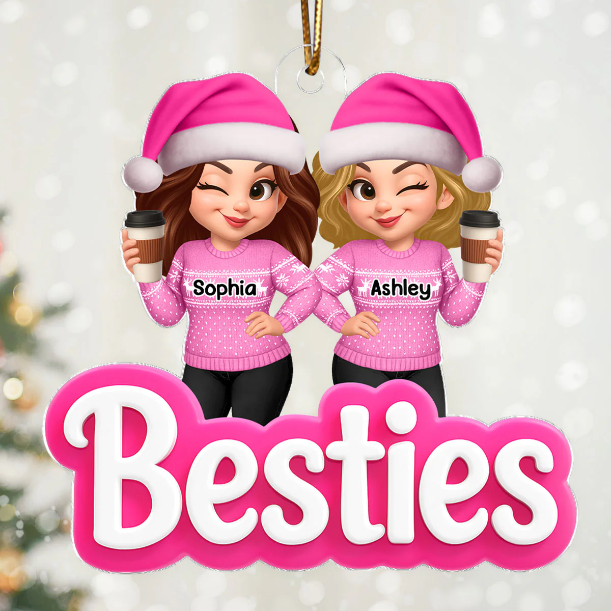 Pink Besties Sisters 3D Effect - Personalized Acrylic Ornament - Christmas Gift for Best Friends, for Sisters - Image 4