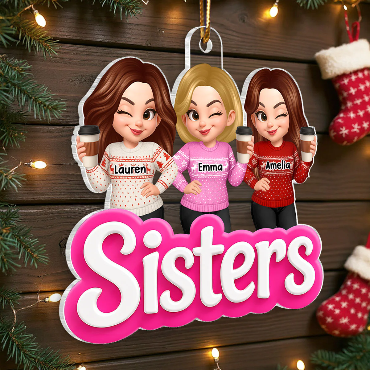 Pink Besties Sisters 3D Effect - Personalized Acrylic Ornament - Christmas Gift for Best Friends, for Sisters - Image 5