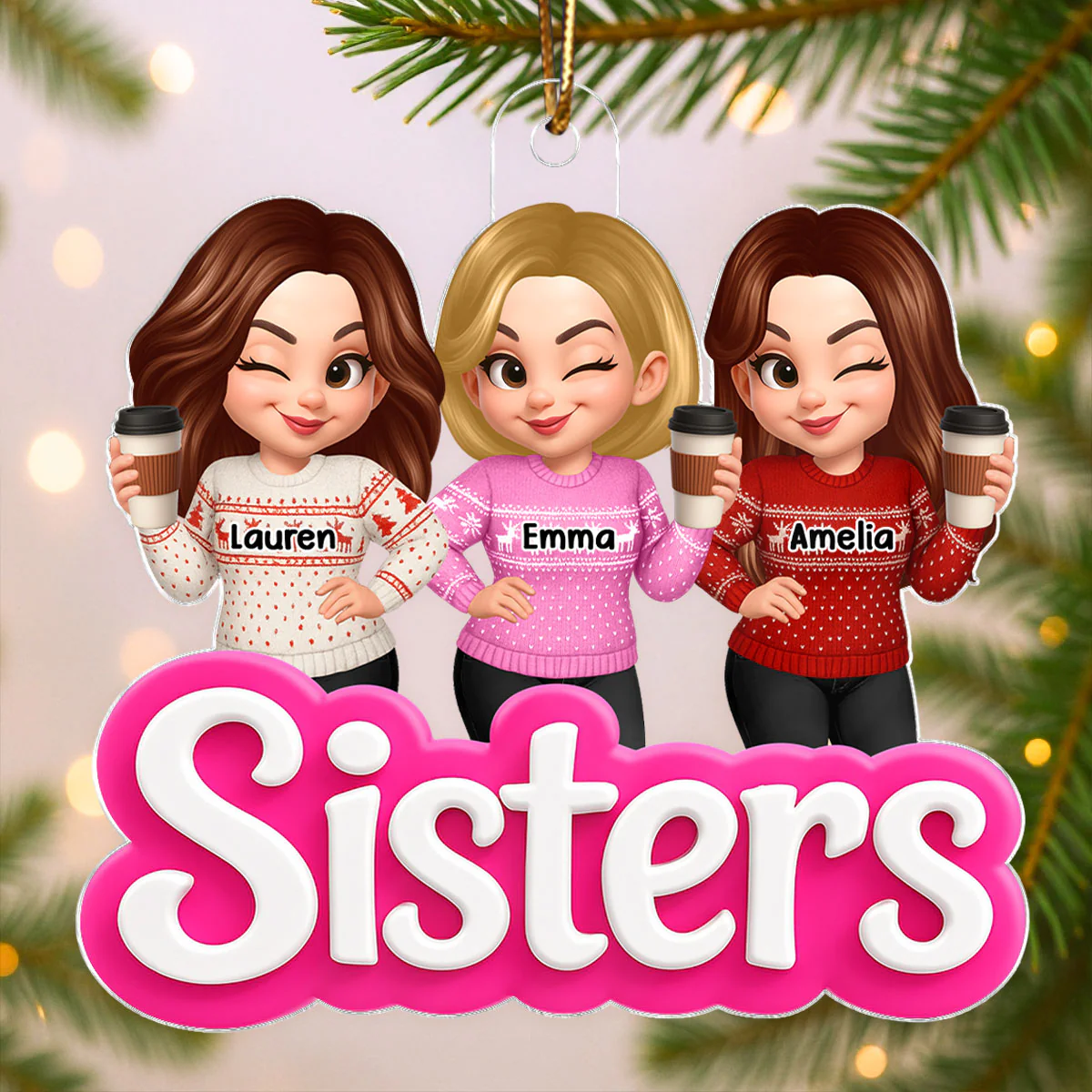 Pink Besties Sisters 3D Effect - Personalized Acrylic Ornament - Christmas Gift for Best Friends, for Sisters - Image 6