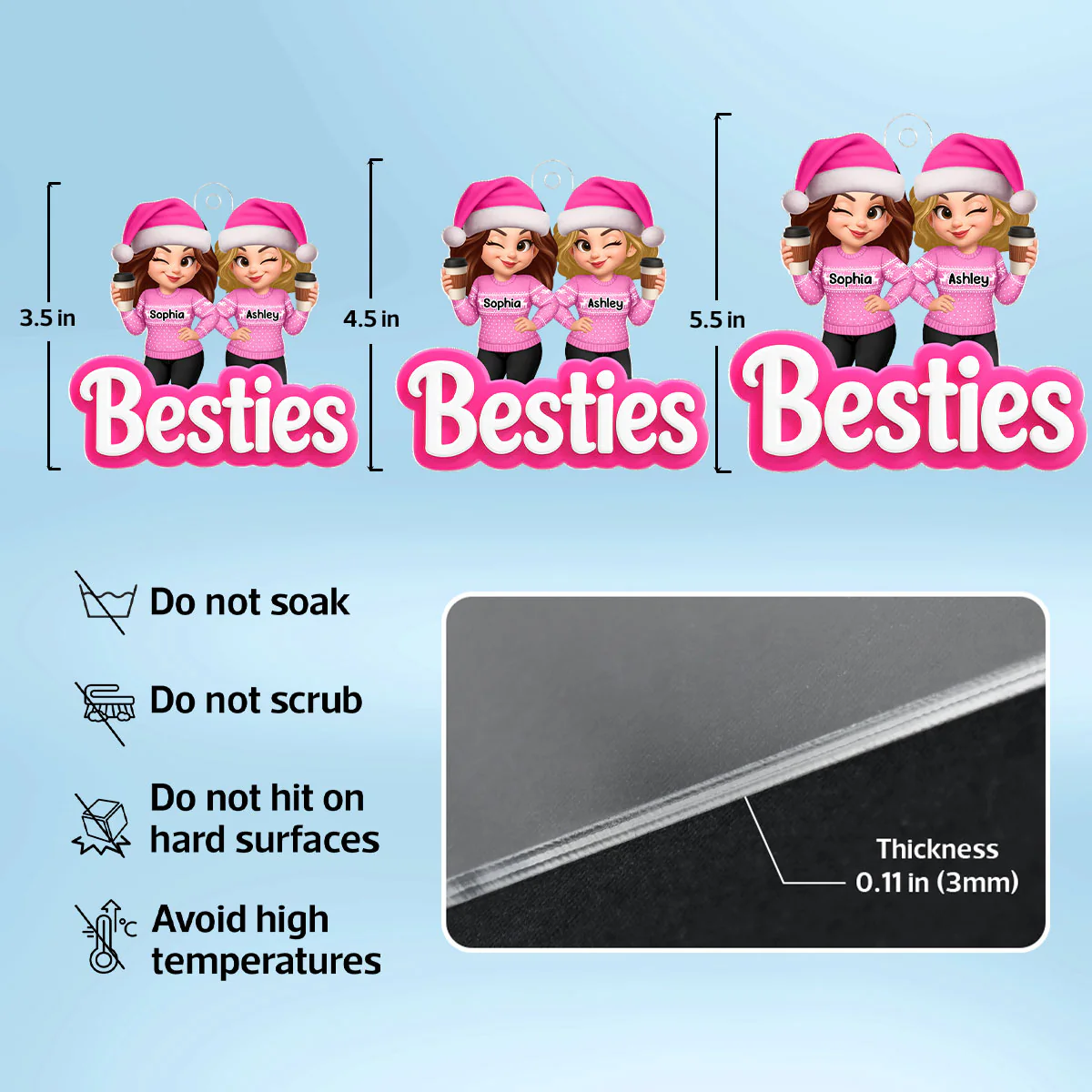 Pink Besties Sisters 3D Effect - Personalized Acrylic Ornament - Christmas Gift for Best Friends, for Sisters - Image 7