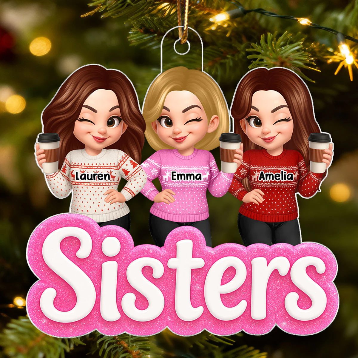 Pink Besties Sisters 3D Glitter Effect - Personalized Acrylic Ornament - Christmas Gift for Best Friends, for Sisters - Image 3