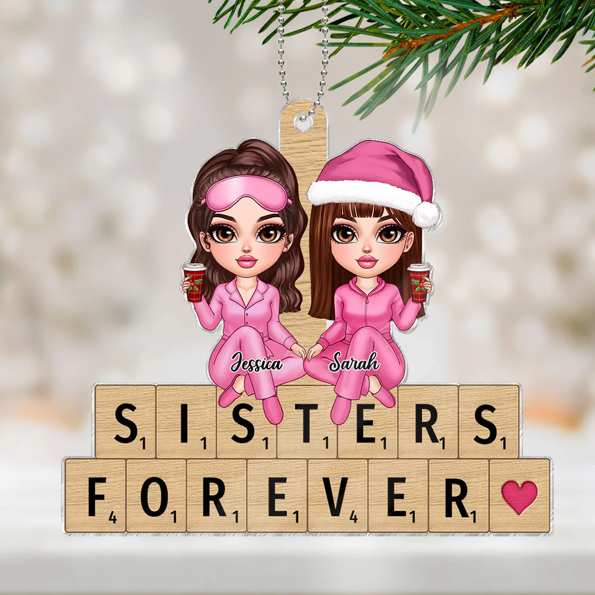 Pink Besties Sisters Sitting On Puzzple Words Personalized Acrylic Ornament, Christmas Gift For Best Friends, Sisters, Besties - Image 3