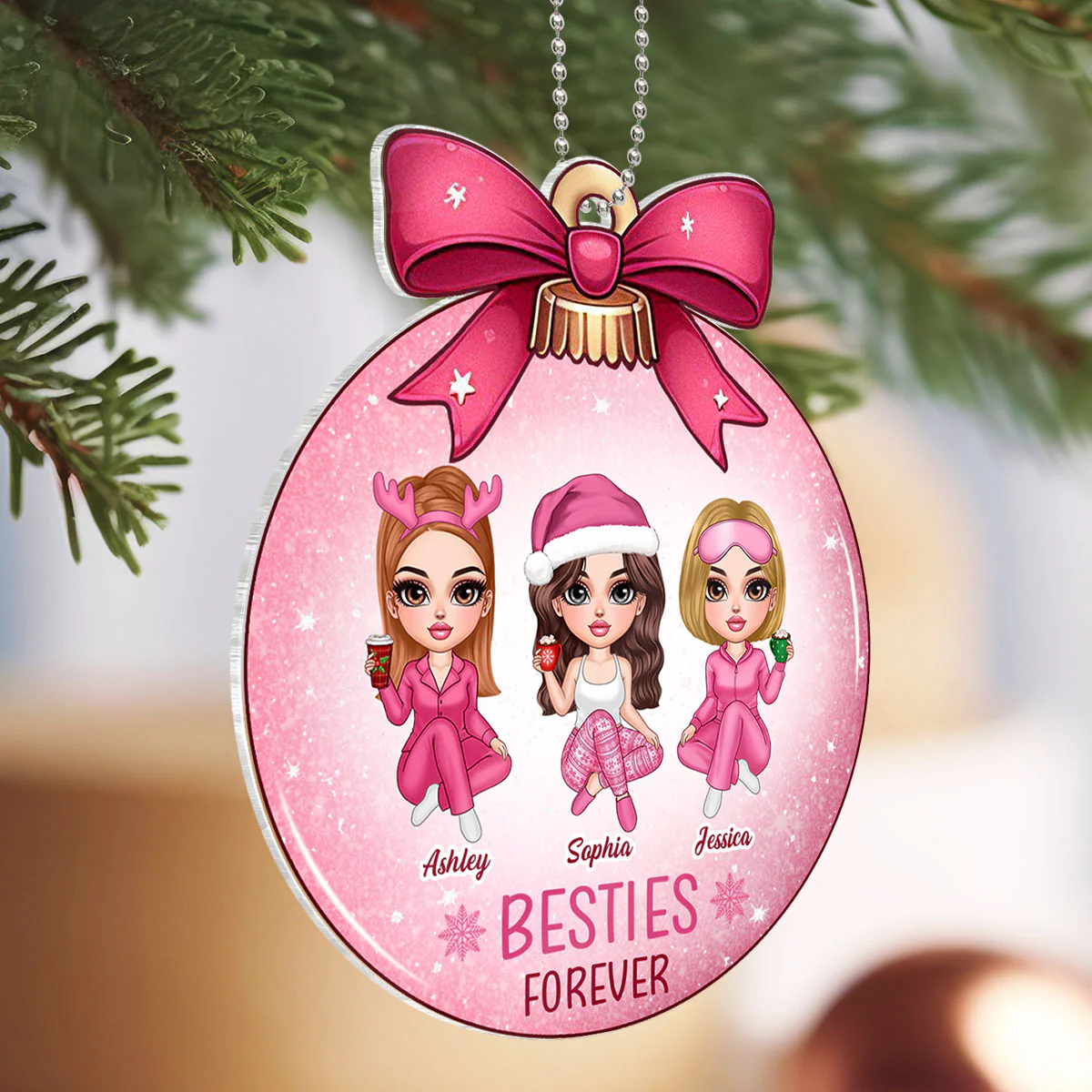 Pink Bow Coquette Besties Sisters Personalized Acrylic Ornament, Christmas Gift - Image 2