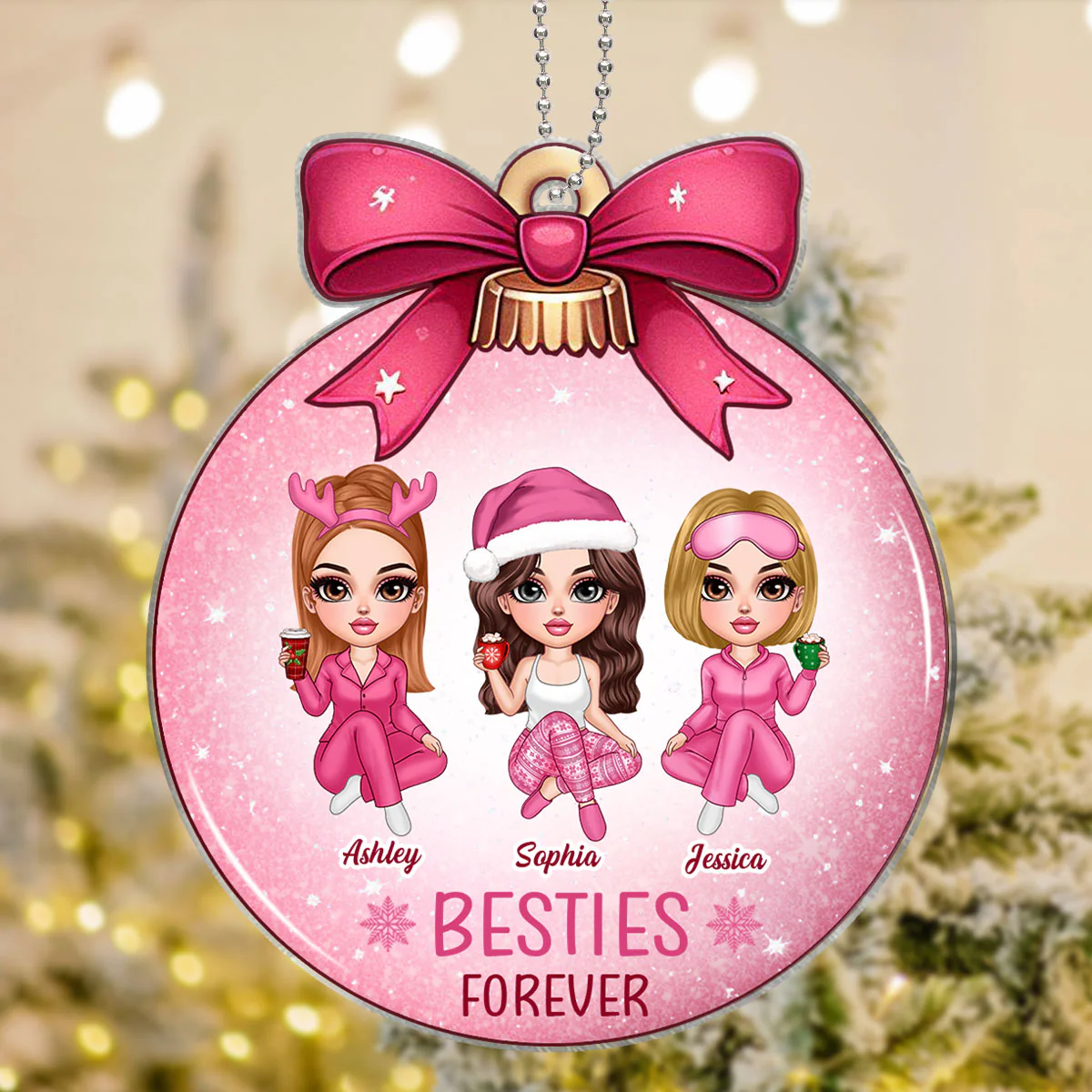 Pink Bow Coquette Besties Sisters Personalized Acrylic Ornament, Christmas Gift - Image 3