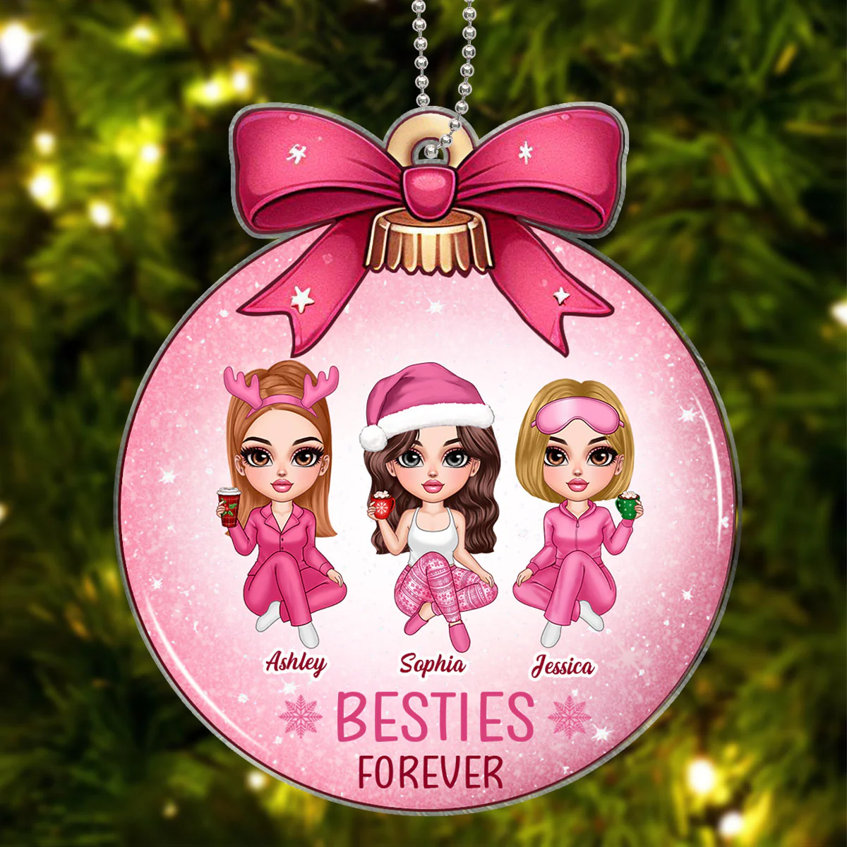Pink Bow Coquette Besties Sisters Personalized Acrylic Ornament, Christmas Gift - Image 4