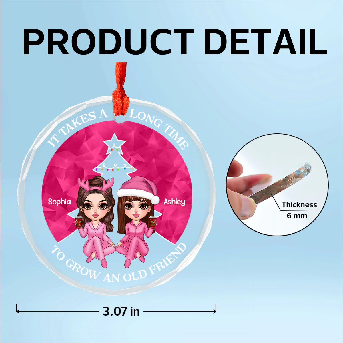 Pink Christmas Besties Sister Christmas Tree Personalized Glass Ornament - Image 10