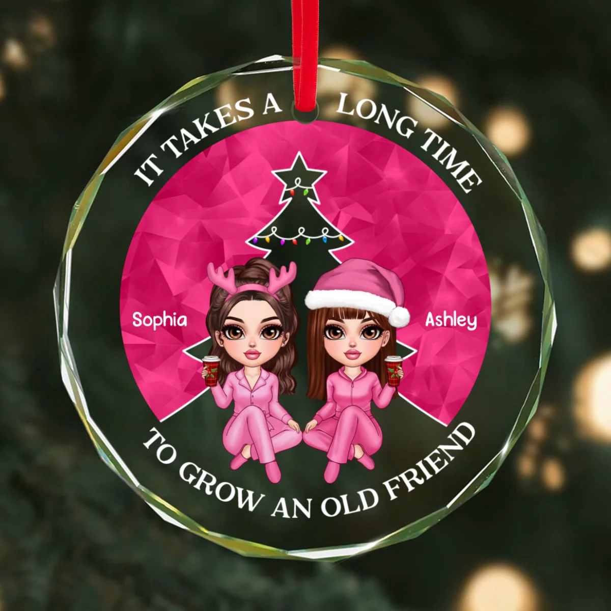 Pink Christmas Besties Sister Christmas Tree Personalized Glass Ornament - Image 11