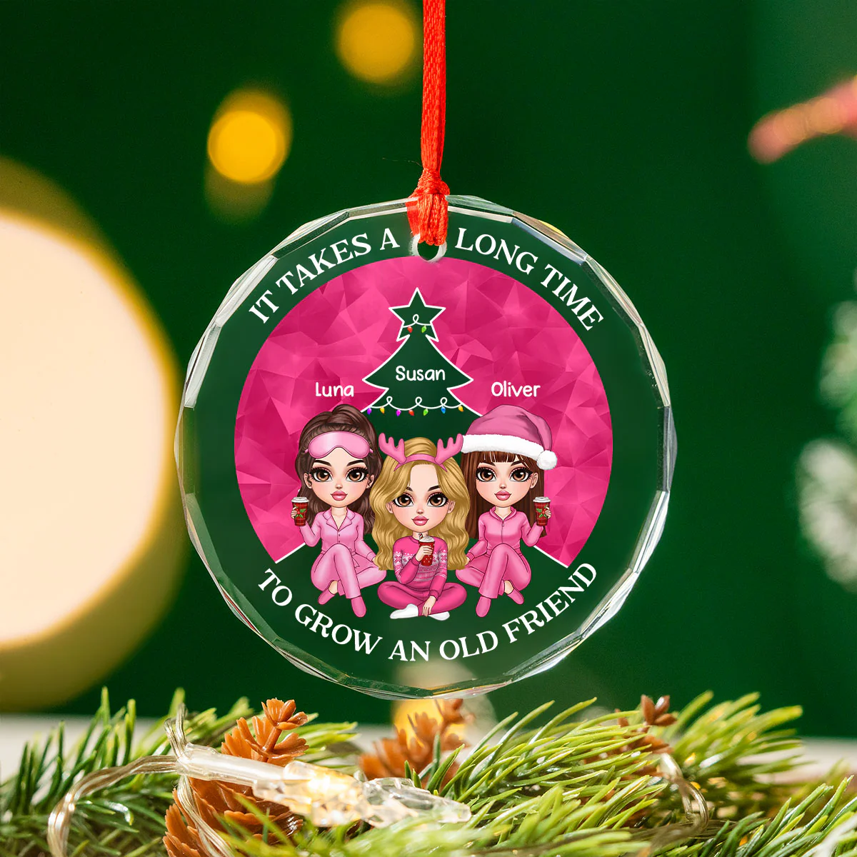 Pink Christmas Besties Sister Christmas Tree Personalized Glass Ornament - Image 2