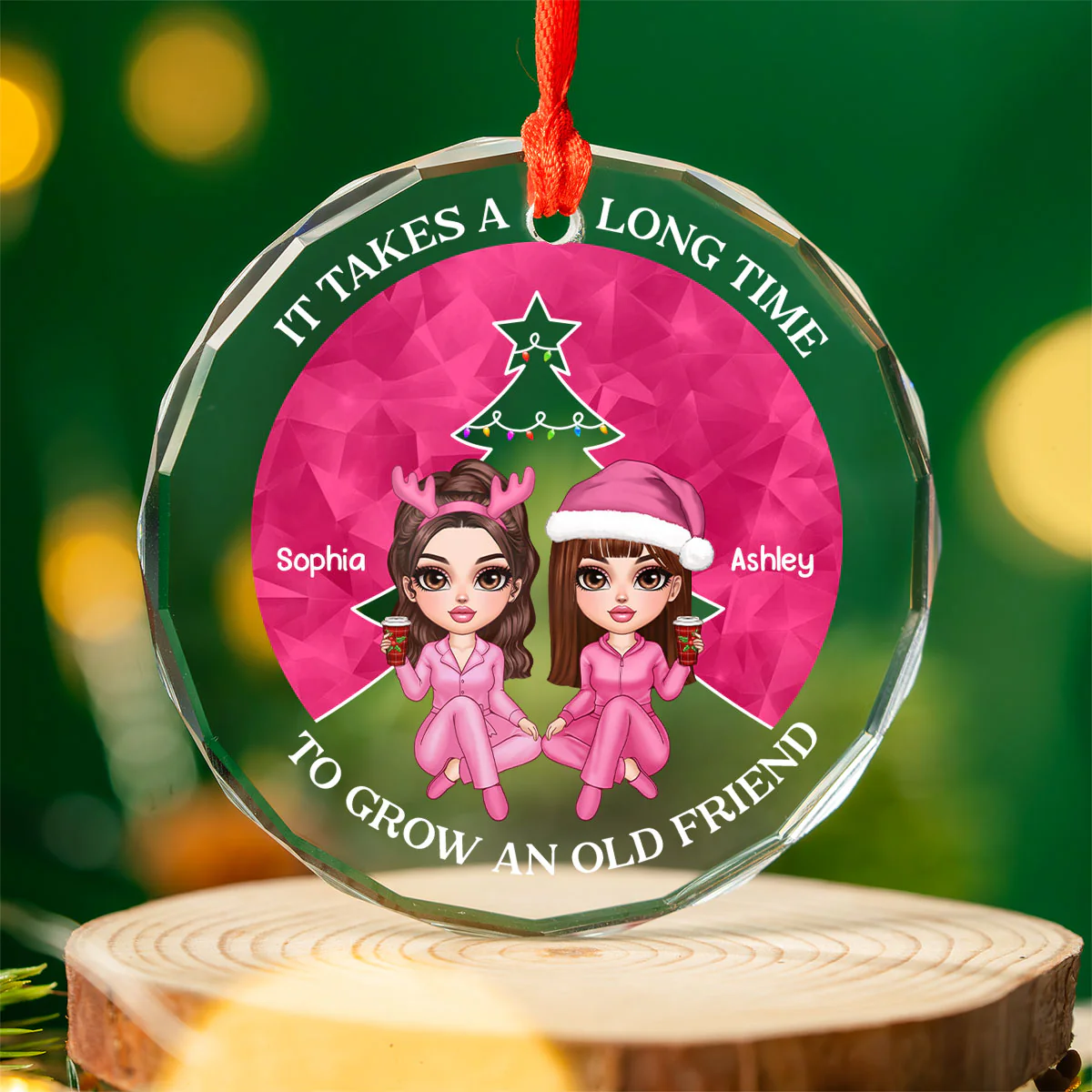 Pink Christmas Besties Sister Christmas Tree Personalized Glass Ornament - Image 3