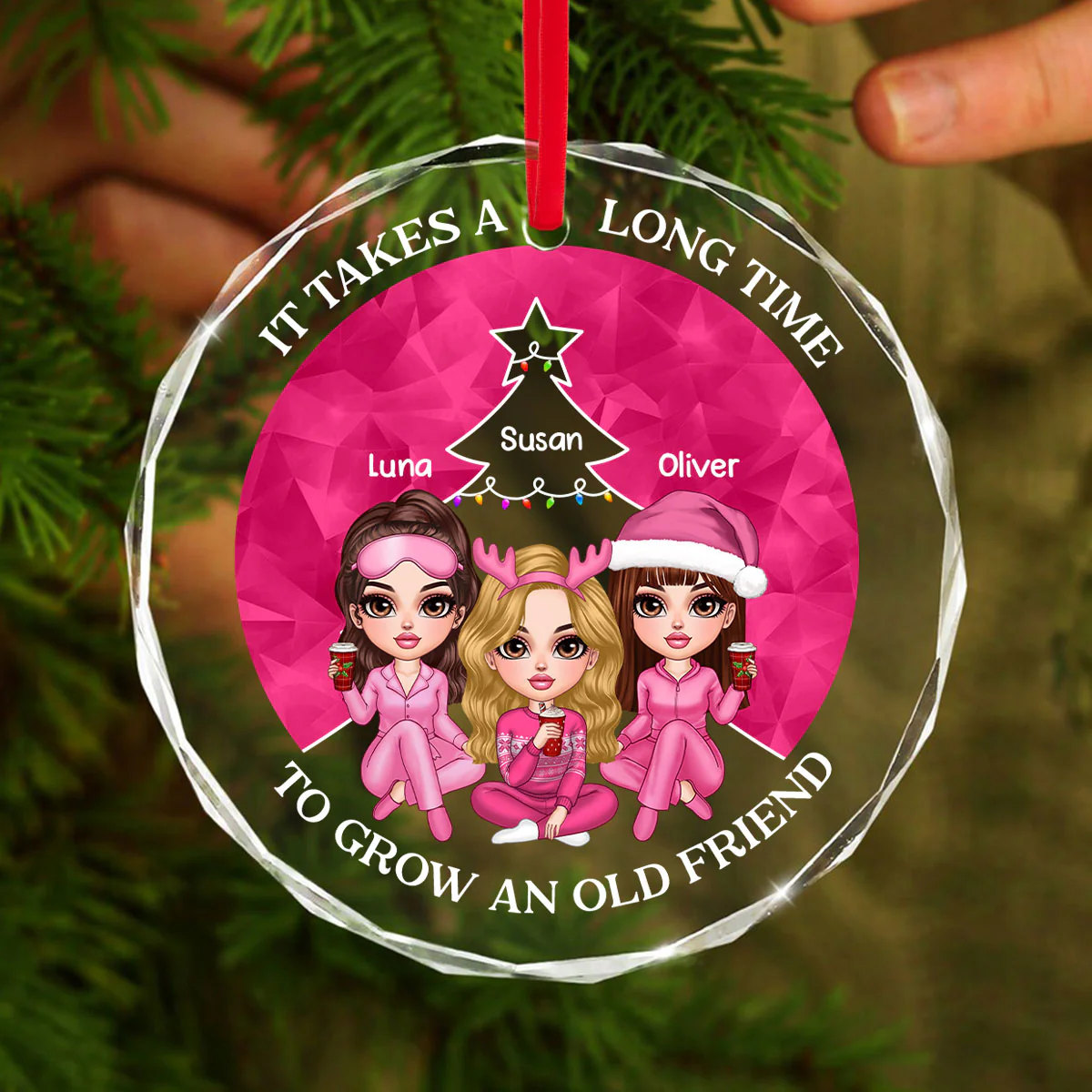 Pink Christmas Besties Sister Christmas Tree Personalized Glass Ornament - Image 4