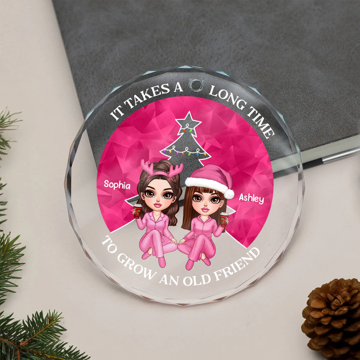 Pink Christmas Besties Sister Christmas Tree Personalized Glass Ornament - Image 5