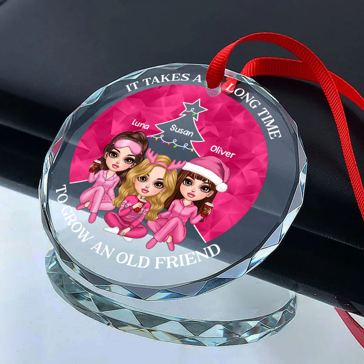 Pink Christmas Besties Sister Christmas Tree Personalized Glass Ornament - Image 6