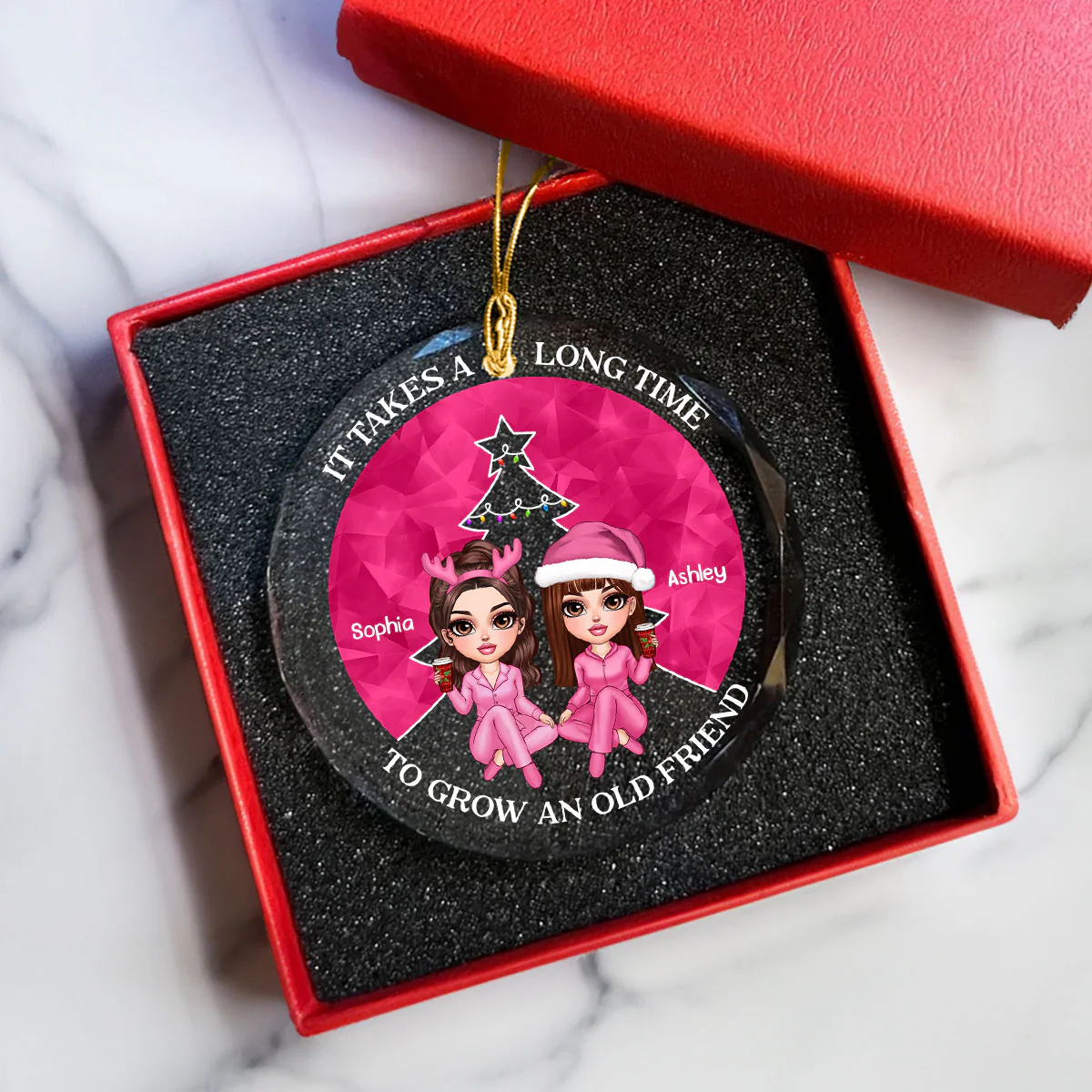 Pink Christmas Besties Sister Christmas Tree Personalized Glass Ornament - Image 9