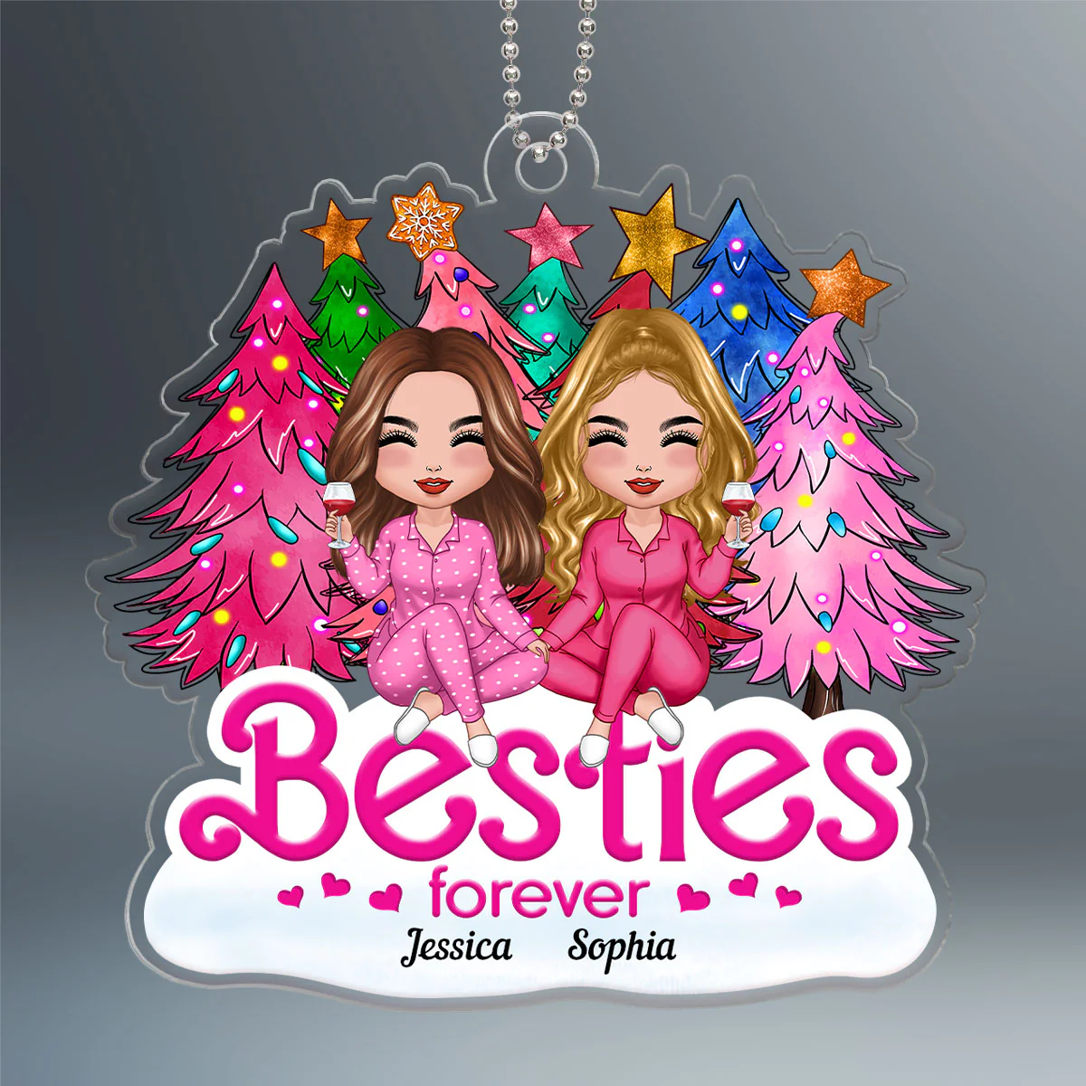 Pink Christmas Trees Doll Besties Sisters Christmas Gift For Best Friends Personalized Acrylic Ornament - Image 2