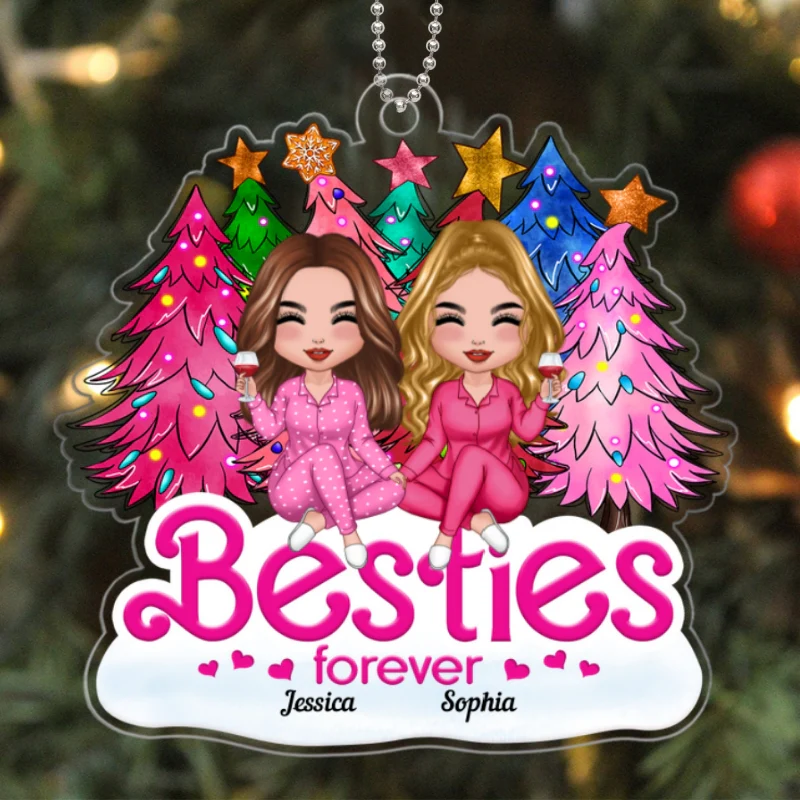 Pink Christmas Trees Doll Besties Sisters Christmas Gift For Best Friends Personalized Acrylic Ornament - Image 5