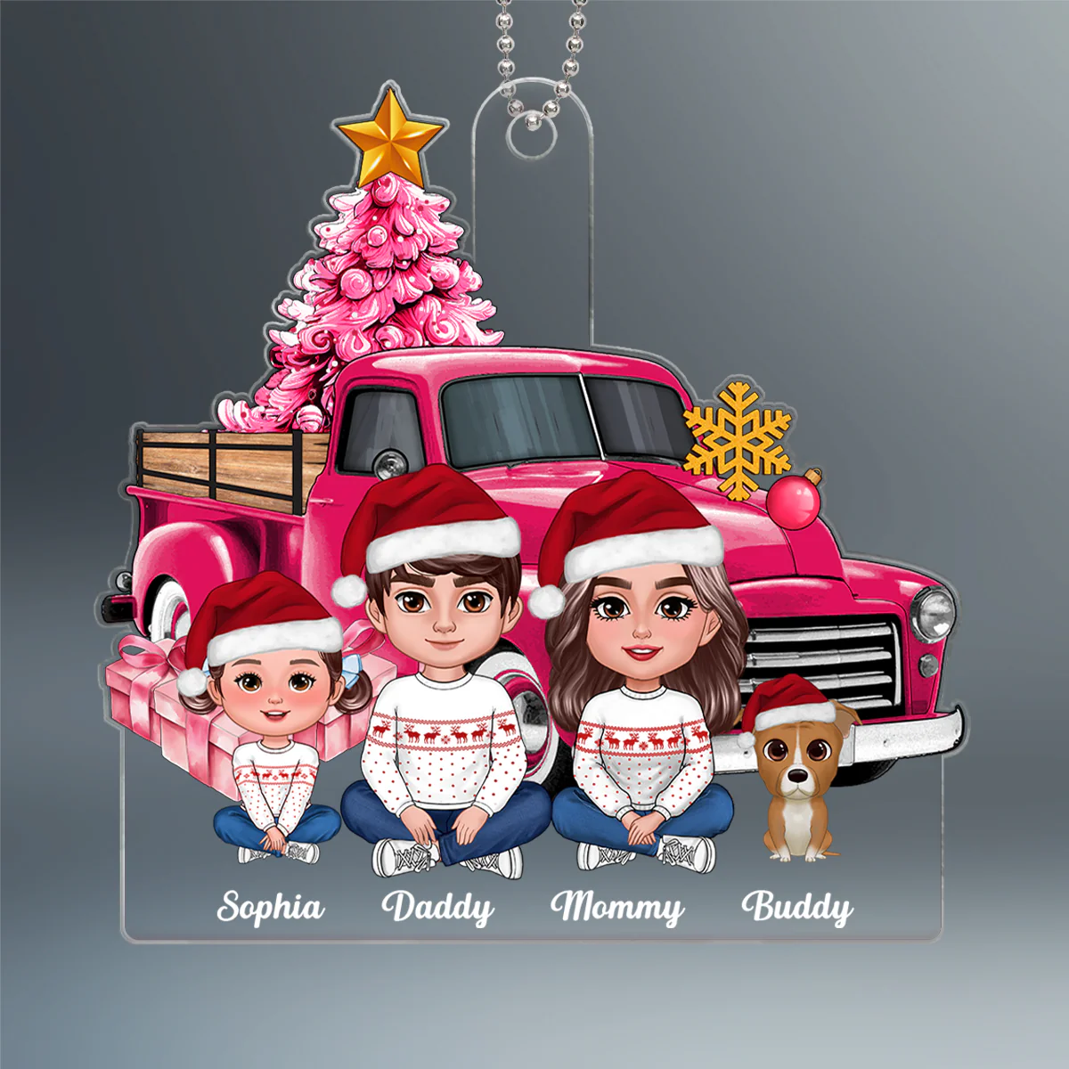 Pink Christmas Truck Family Personalized Acrylic Ornament - Image 2