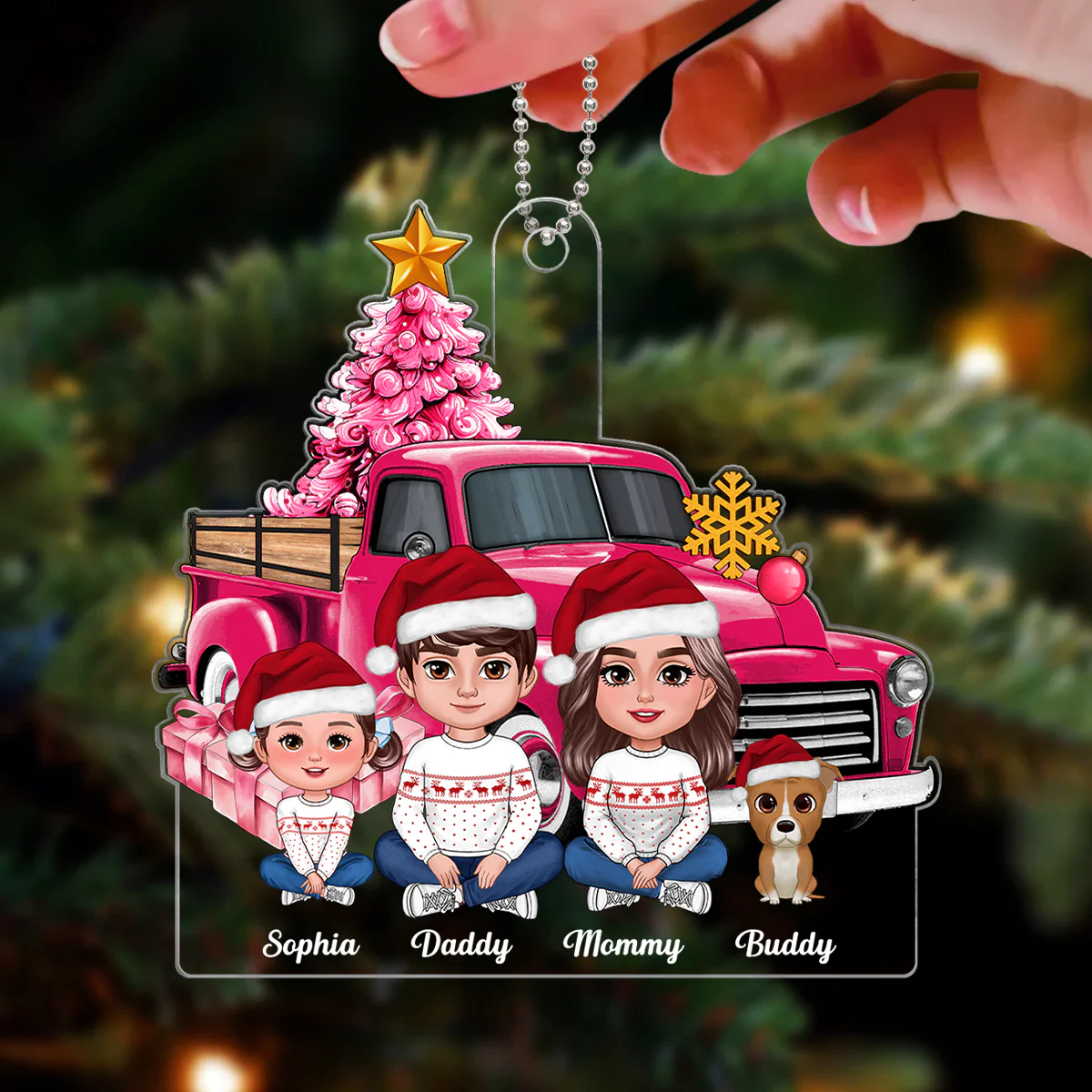Pink Christmas Truck Family Personalized Acrylic Ornament - Image 3