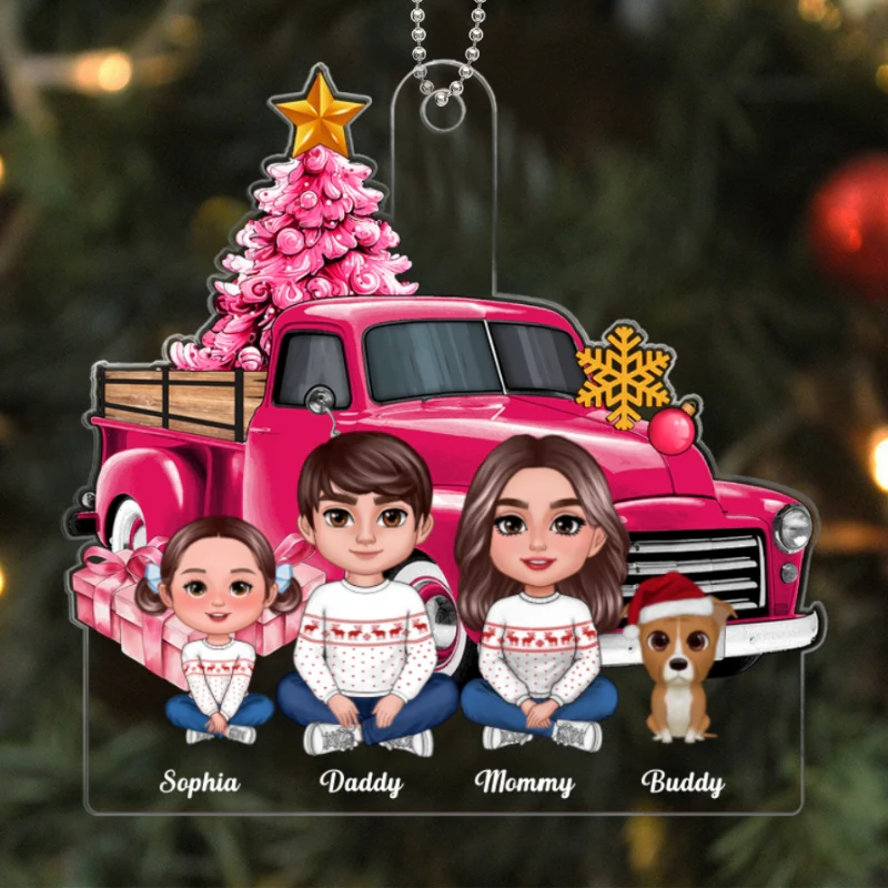 Pink Christmas Truck Family Personalized Acrylic Ornament - Image 5