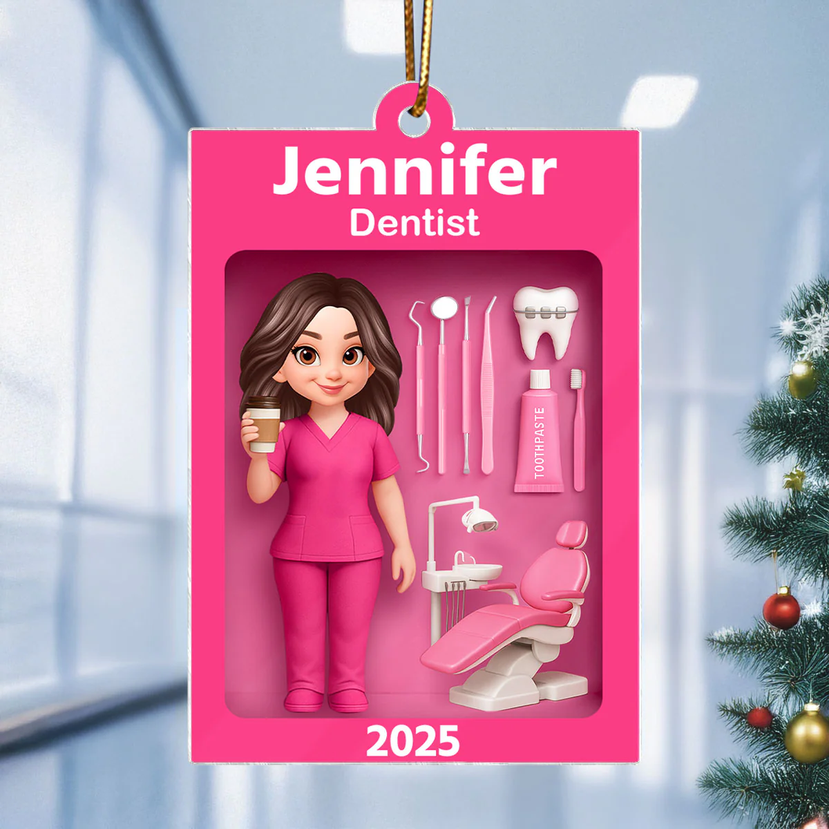 Pink Dentist Action Figure - Personalized Acrylic Ornament - Unique Christmas Gift For Dentist - Image 2