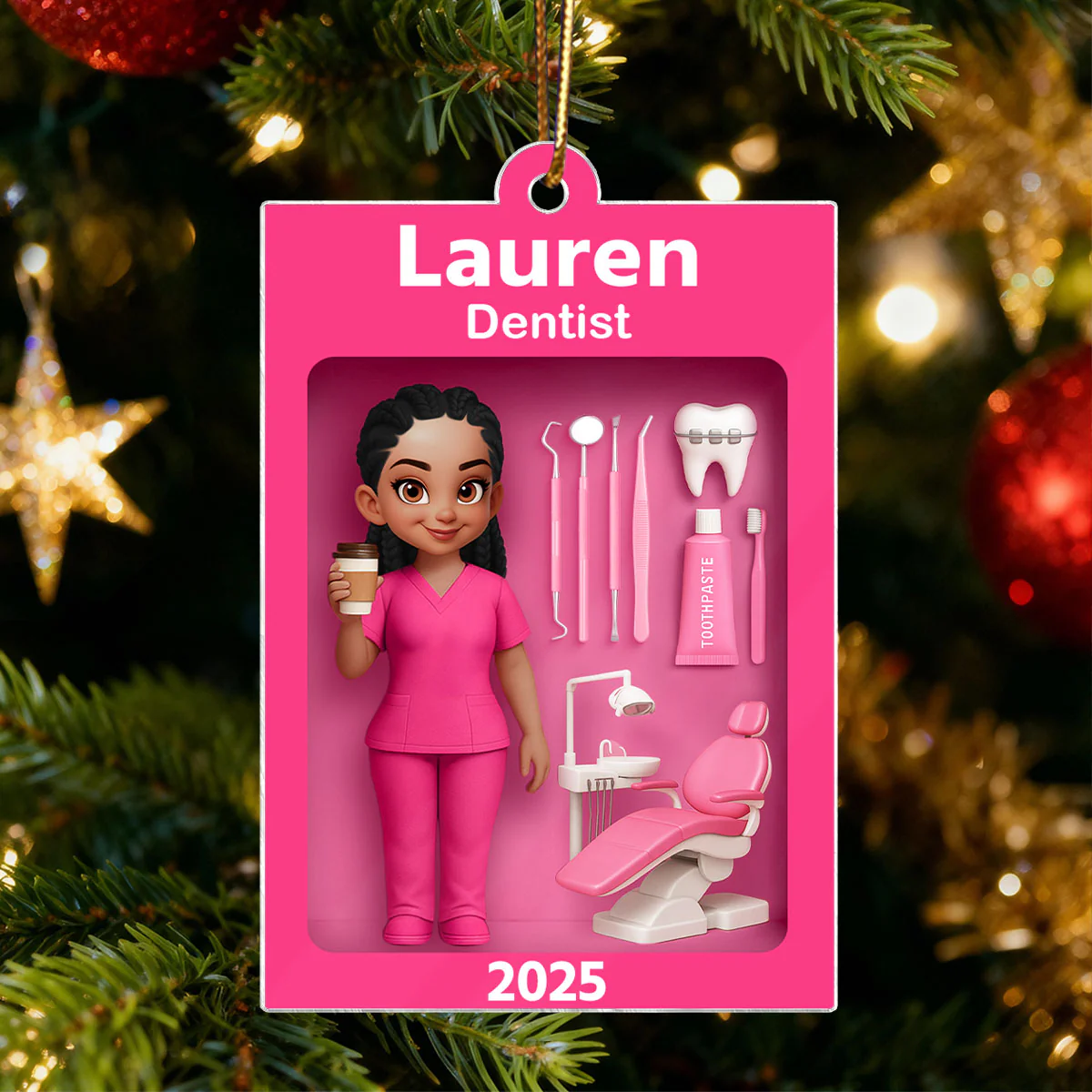 Pink Dentist Action Figure - Personalized Acrylic Ornament - Unique Christmas Gift For Dentist - Image 3