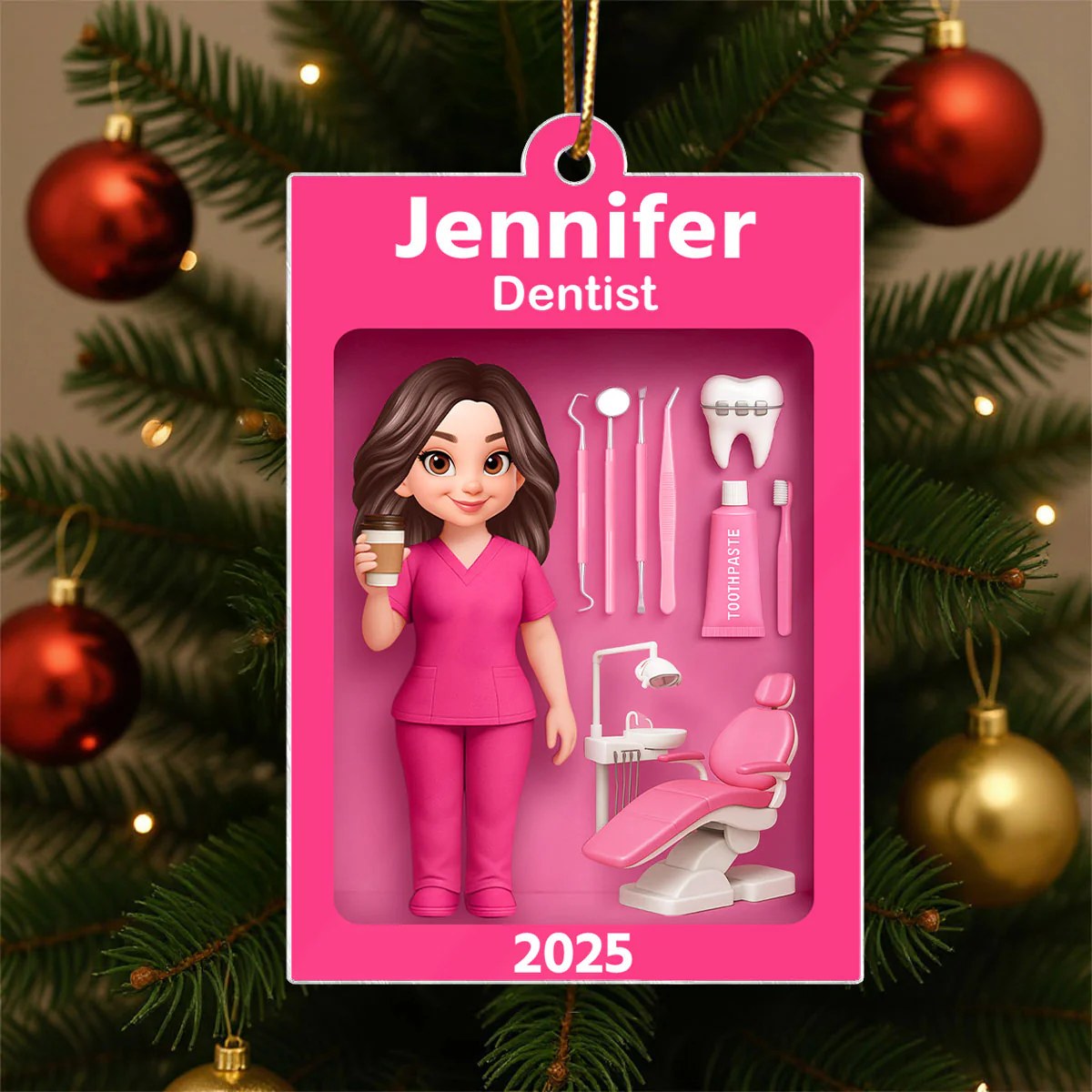 Pink Dentist Action Figure - Personalized Acrylic Ornament - Unique Christmas Gift For Dentist - Image 4