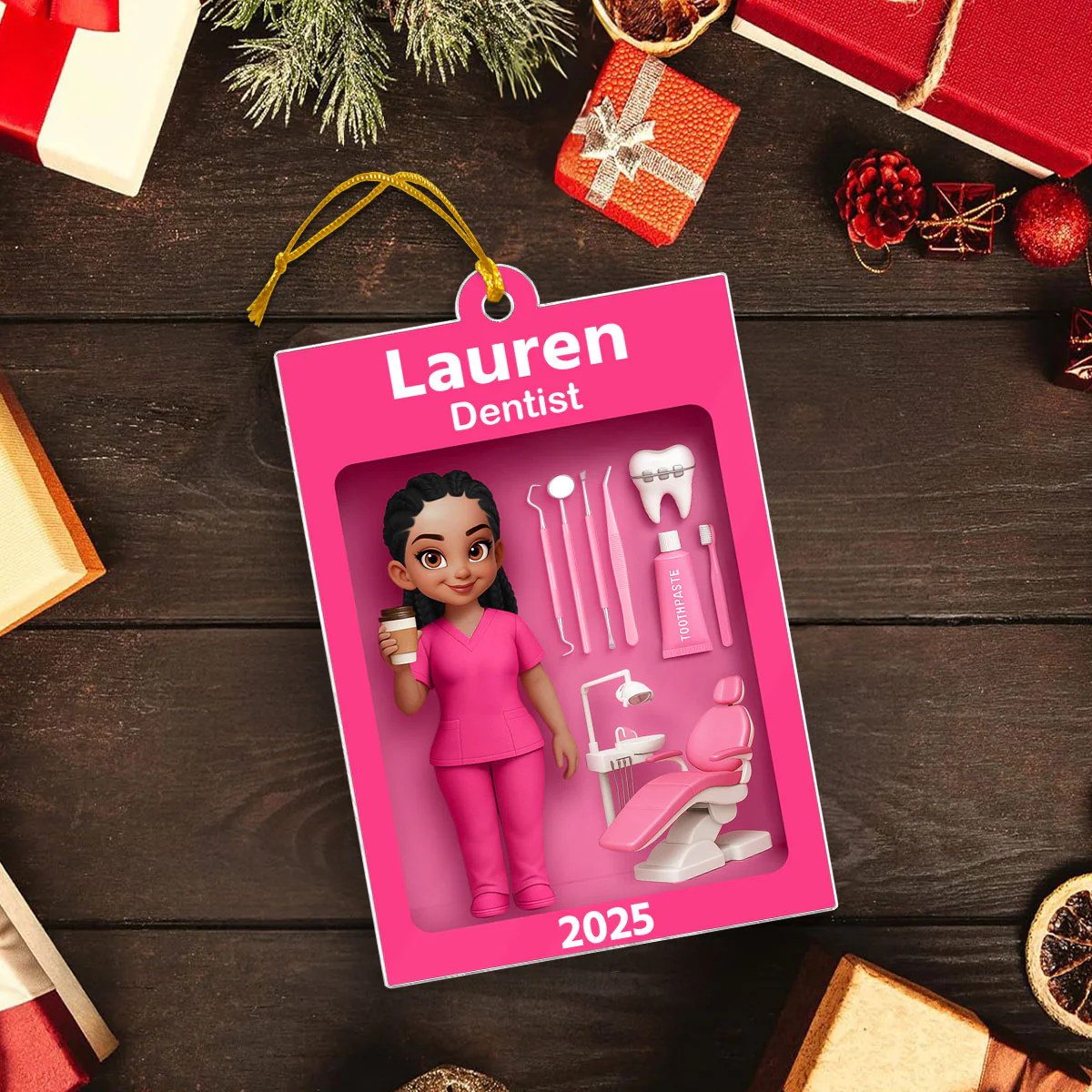 Pink Dentist Action Figure - Personalized Acrylic Ornament - Unique Christmas Gift For Dentist - Image 5