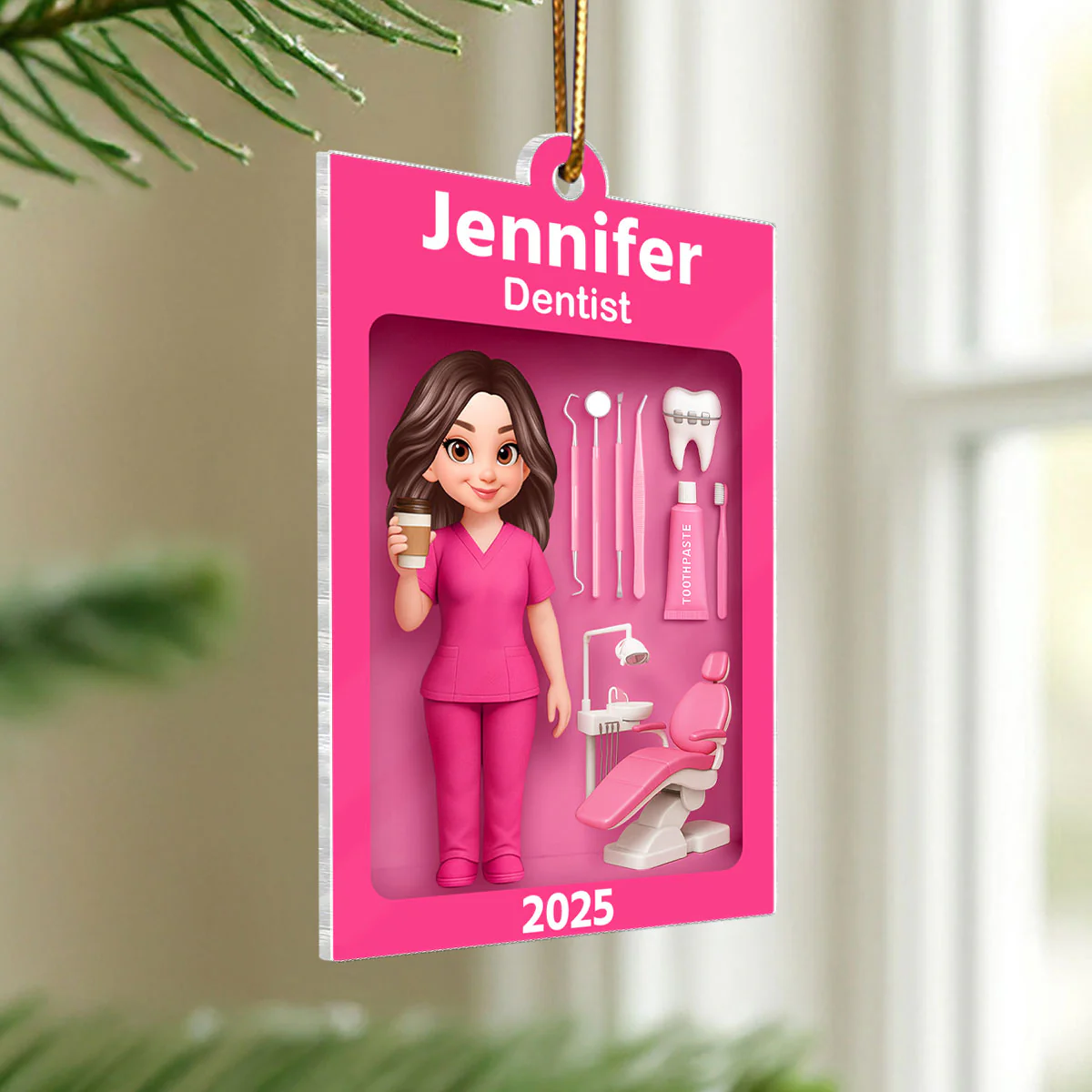 Pink Dentist Action Figure - Personalized Acrylic Ornament - Unique Christmas Gift For Dentist - Image 6