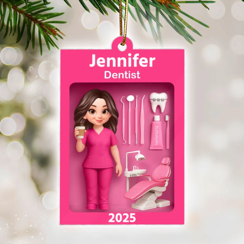 Pink Dentist Action Figure - Personalized Acrylic Ornament - Unique Christmas Gift For Dentist - Image 9