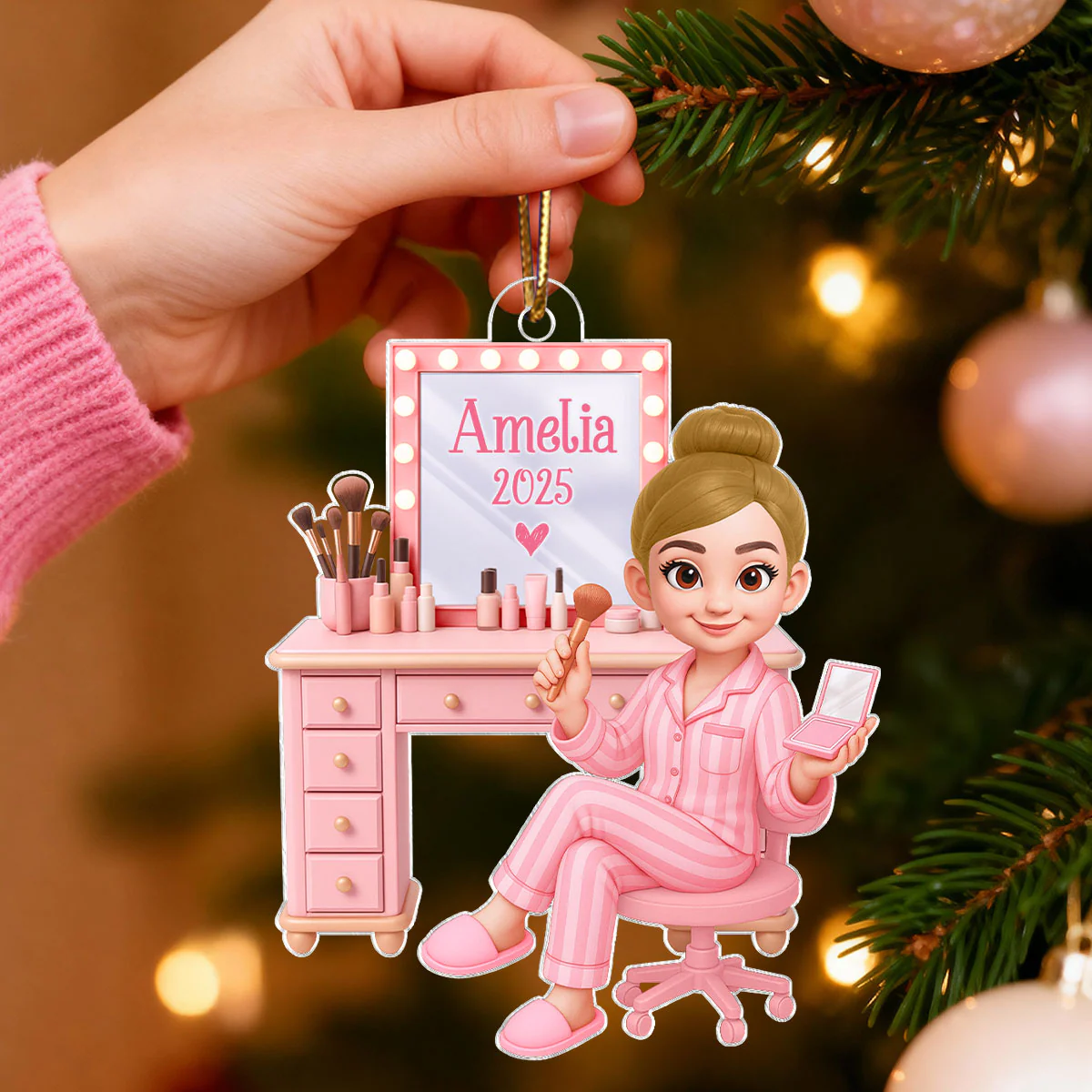 Pink Girl Makeup 3D Effect - Personalized Acrylic Ornament - Christmas Gift for Daughters, Granddaughters, Teen Girls - Image 2