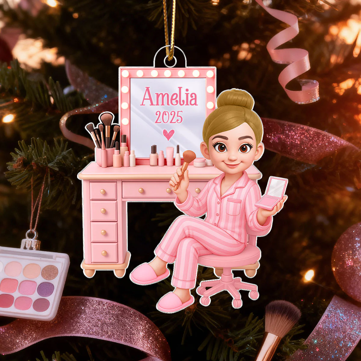Pink Girl Makeup 3D Effect - Personalized Acrylic Ornament - Christmas Gift for Daughters, Granddaughters, Teen Girls - Image 6