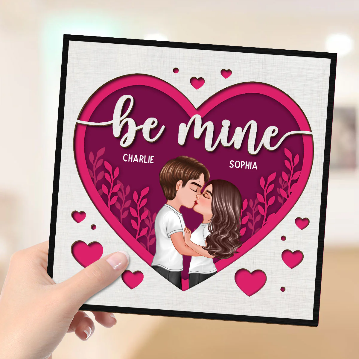 Pink Heart Couple Kissing Valentine‘s Day Gift For Him For Her Personalized 2-Layer Wooden Plaque - Image 4