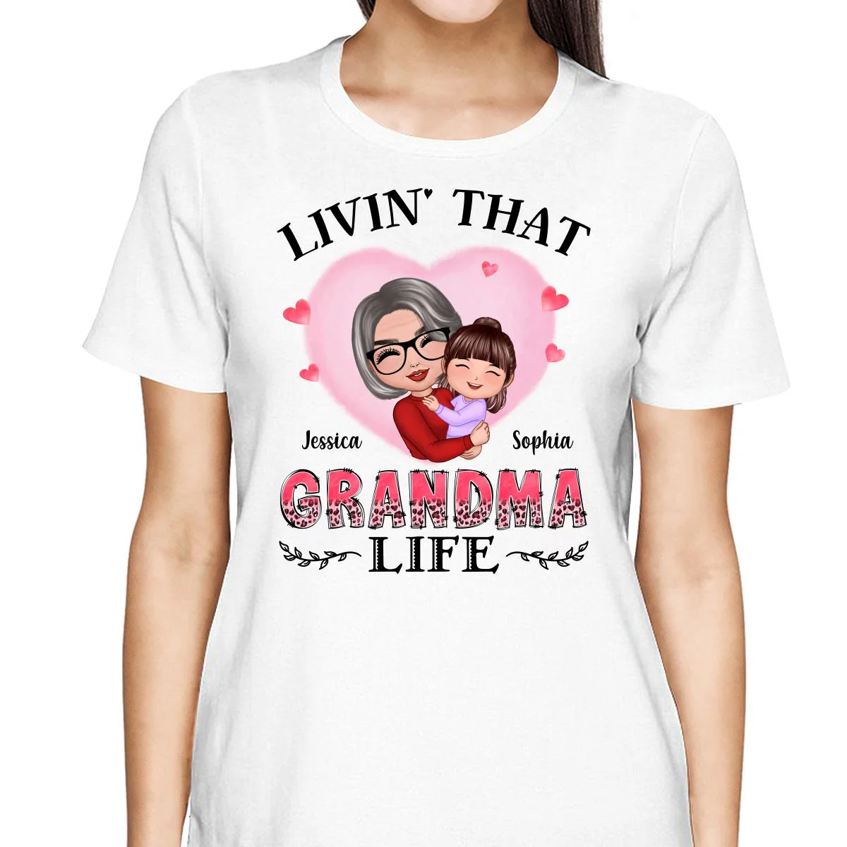 Pink Heart Doll Grandma Hugging Kid Livin‘ That Grandma Life Personalized Shirt - Image 2