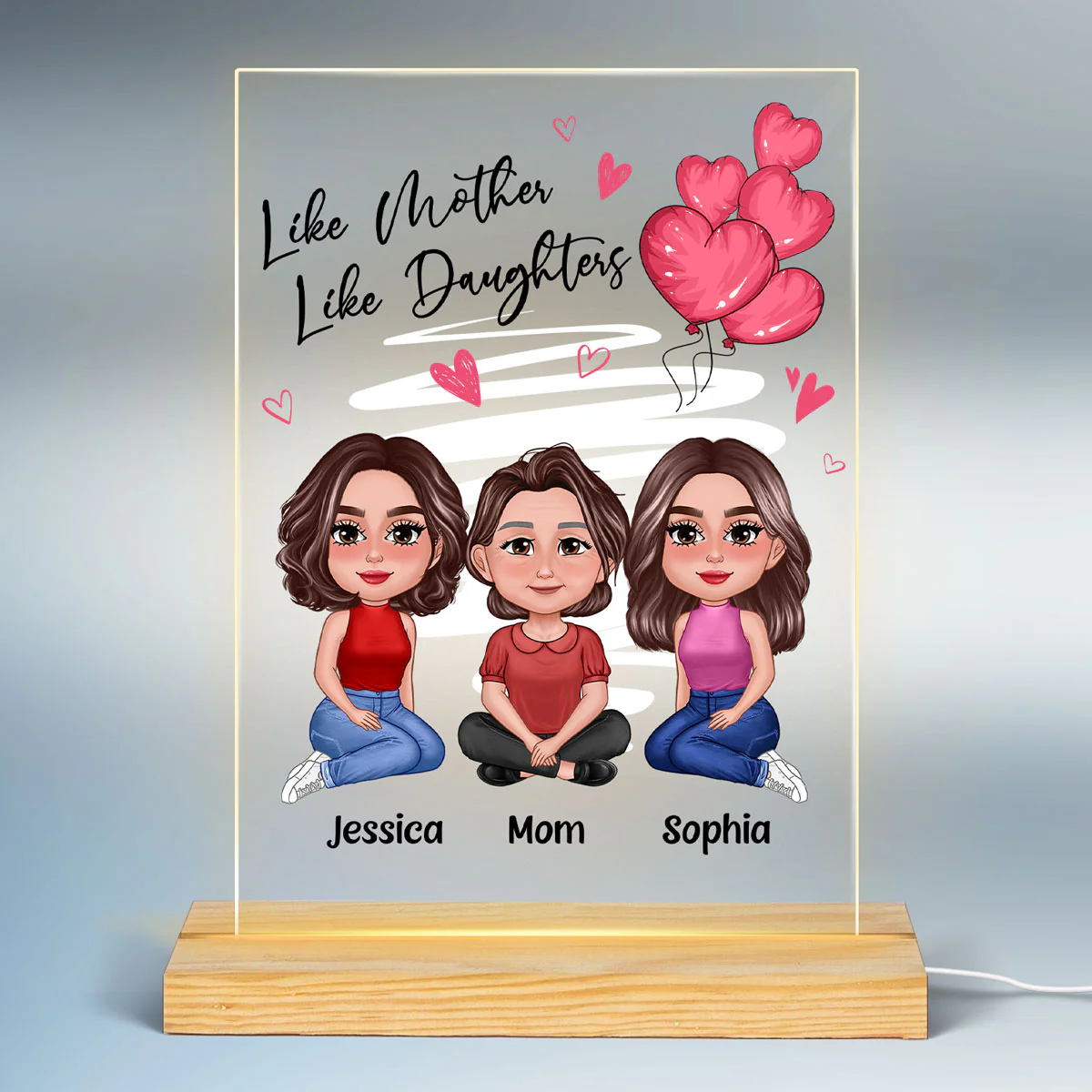 Pink Heart Like Mother Like Daughter Pretty Doll Personalized Acrylic LED Night Light - Image 2