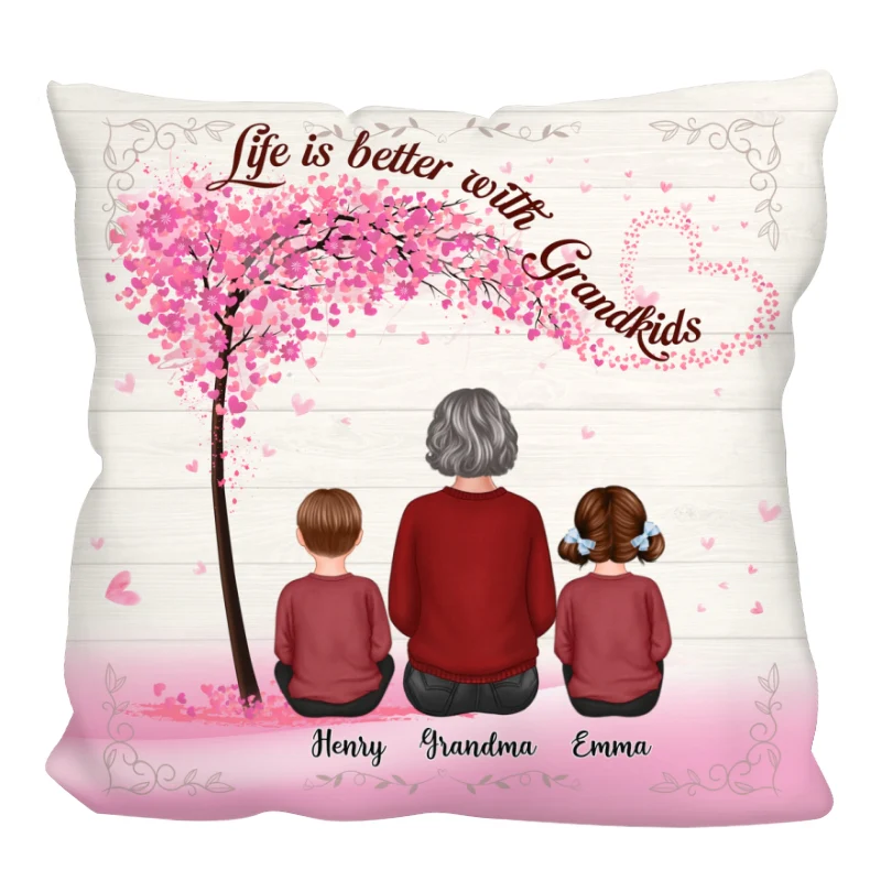 Pink Heart Tree Grandma Grandkids Personalized Pillow (Insert Included)