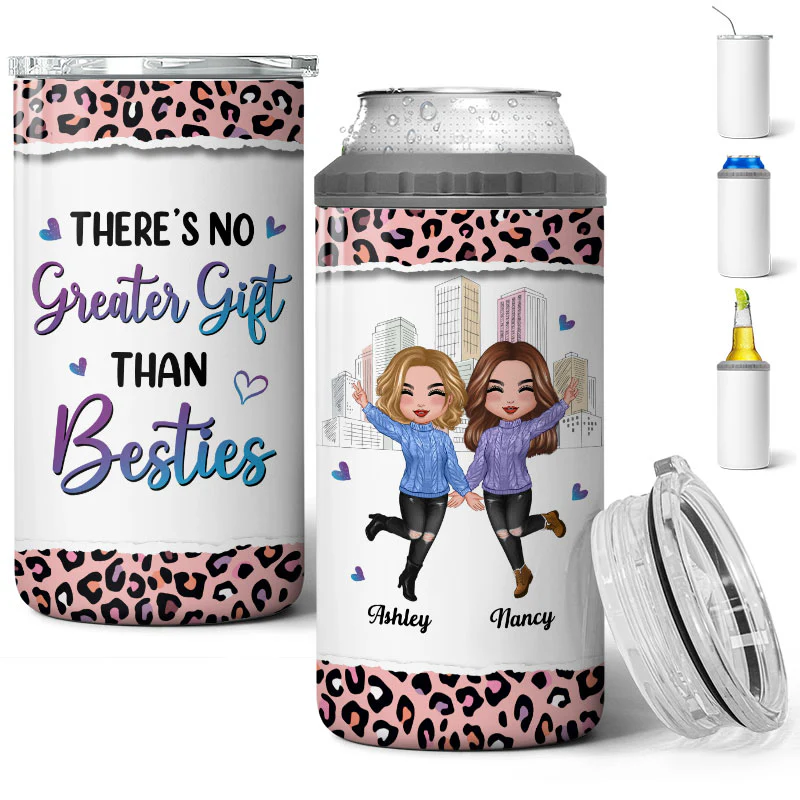 Pink Leopard Besties Sisters Personalized 4 In 1 Can Cooler - Image 3