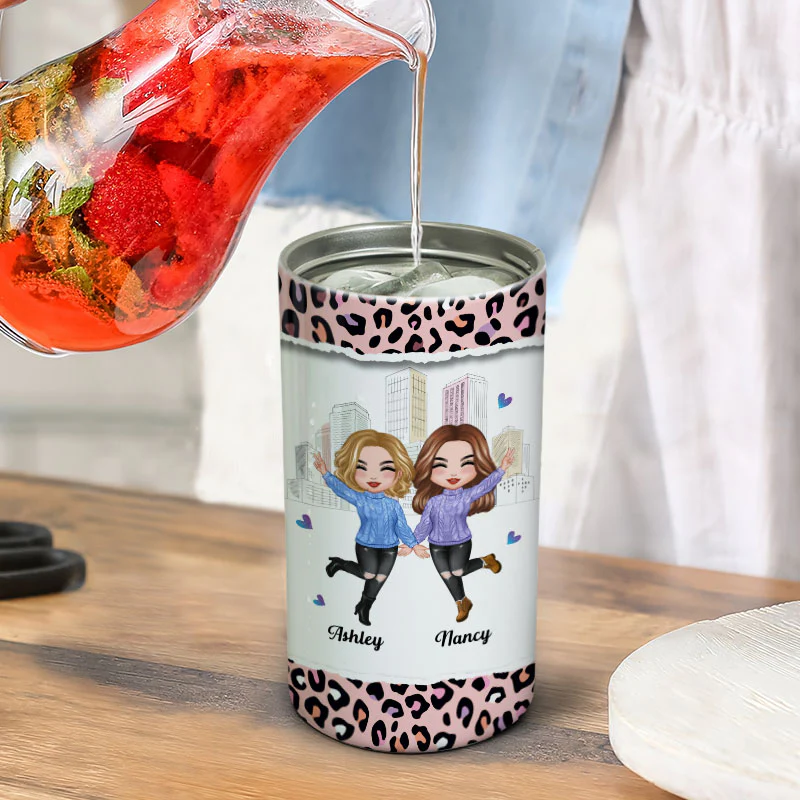 Pink Leopard Besties Sisters Personalized 4 In 1 Can Cooler - Image 6