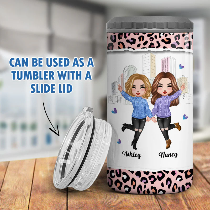 Pink Leopard Besties Sisters Personalized 4 In 1 Can Cooler - Image 9