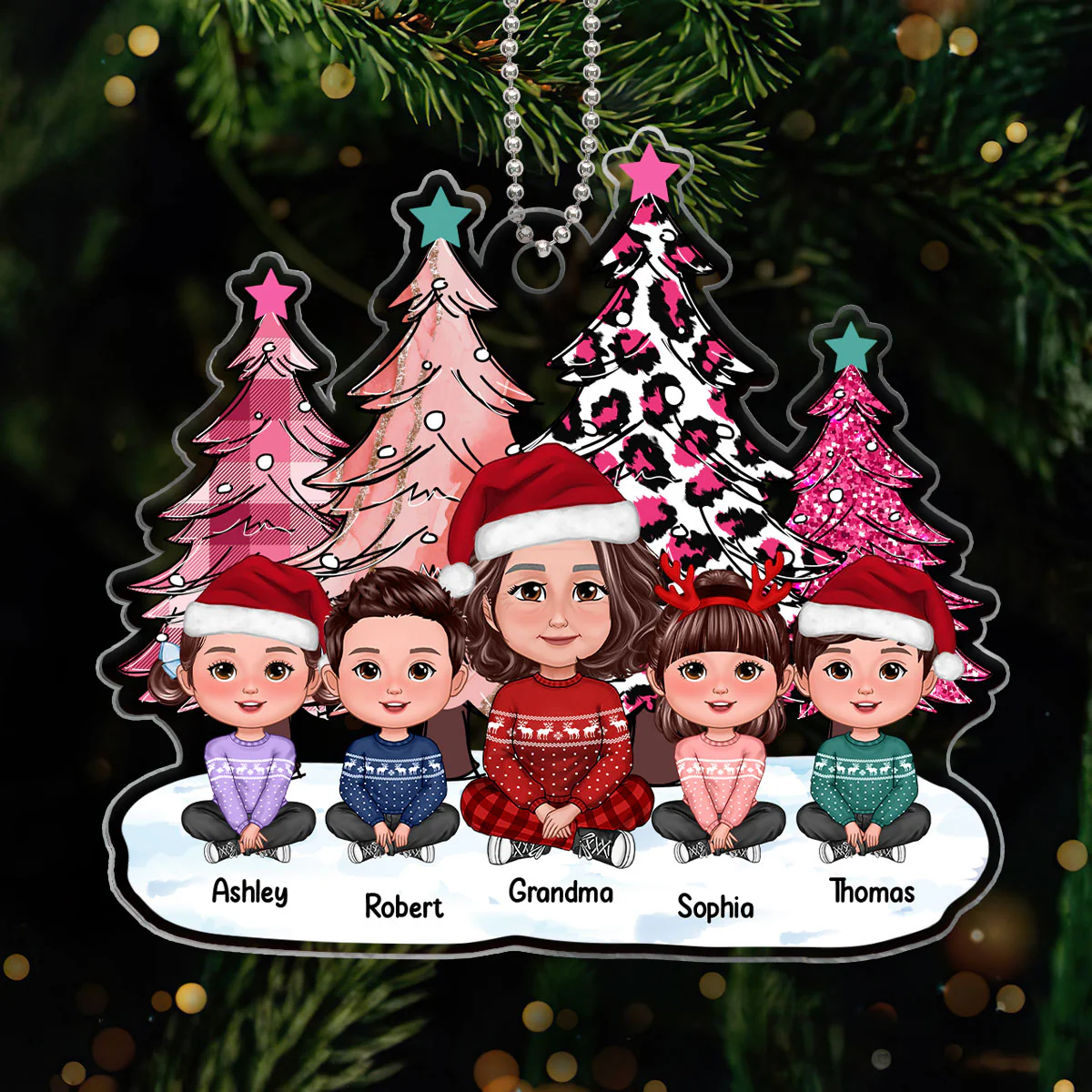 Pink Leopard Checkered Christmas Tree Grandma Grandkids Personalized Acrylic Ornament