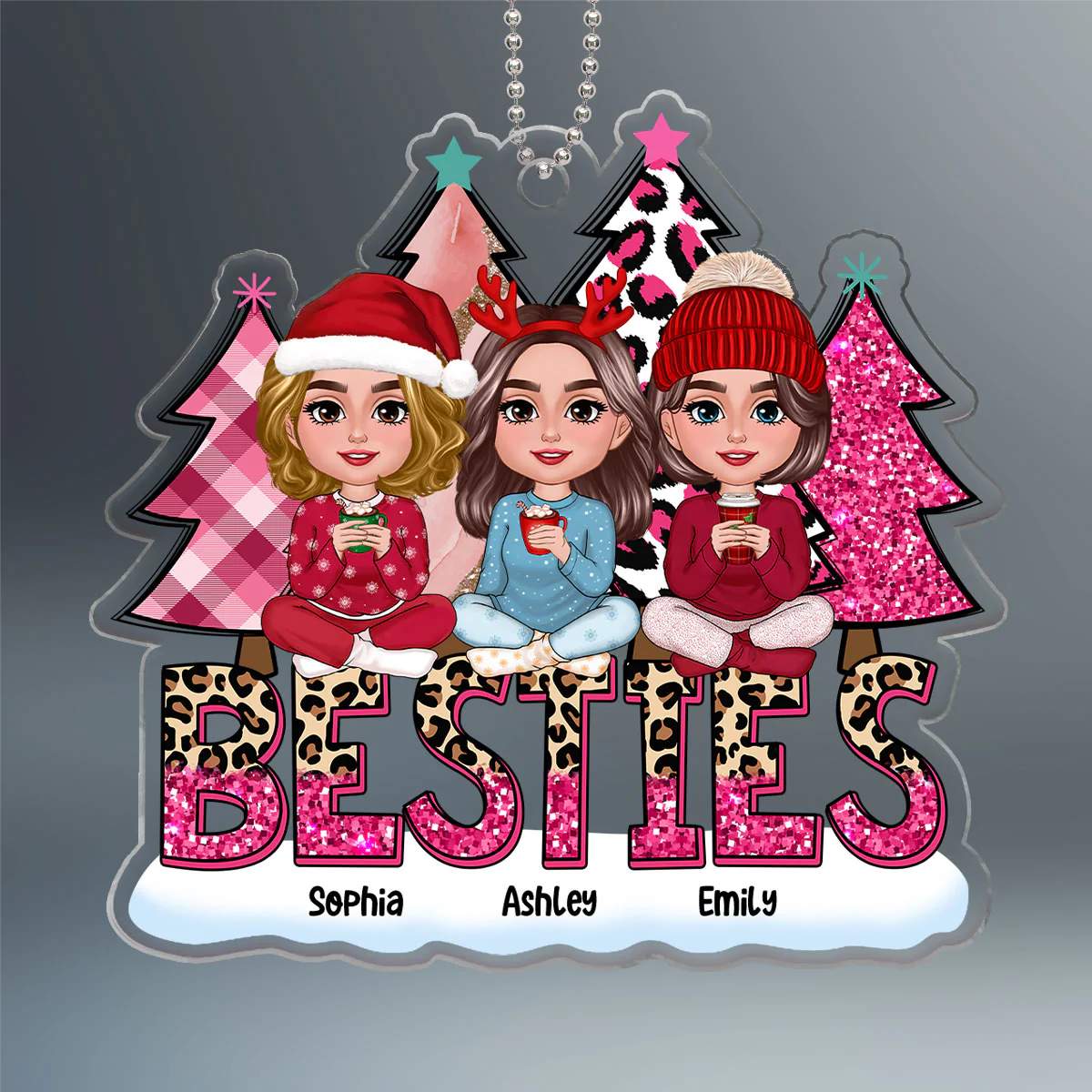 Pink Leopard Christmas Tree Doll Besties Sitting Personalized Acrylic Ornament - Image 2