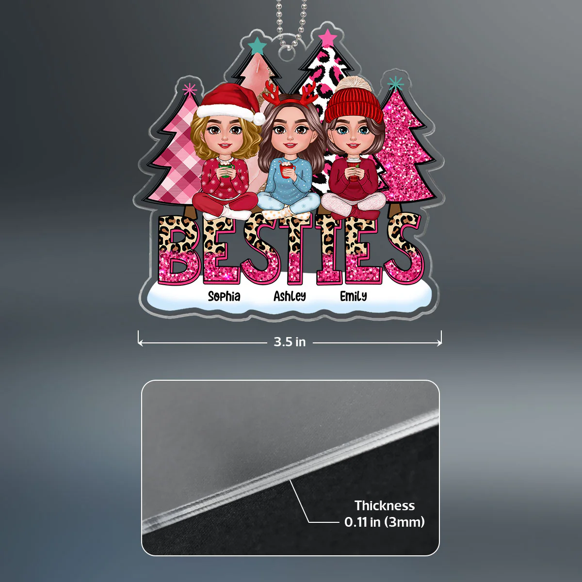 Pink Leopard Christmas Tree Doll Besties Sitting Personalized Acrylic Ornament - Image 4