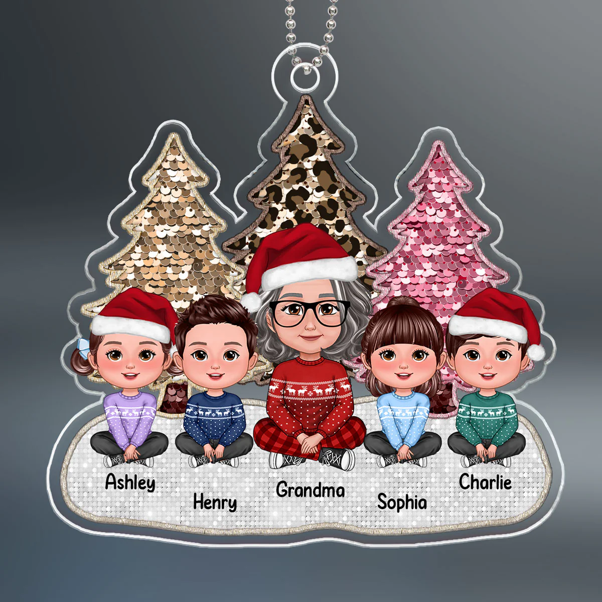 Pink Leopard Faux Sequin Effect Christmas Trees Grandma & Grandkids Crossed Legs Sitting Personalized Acrylic Ornament - Image 2