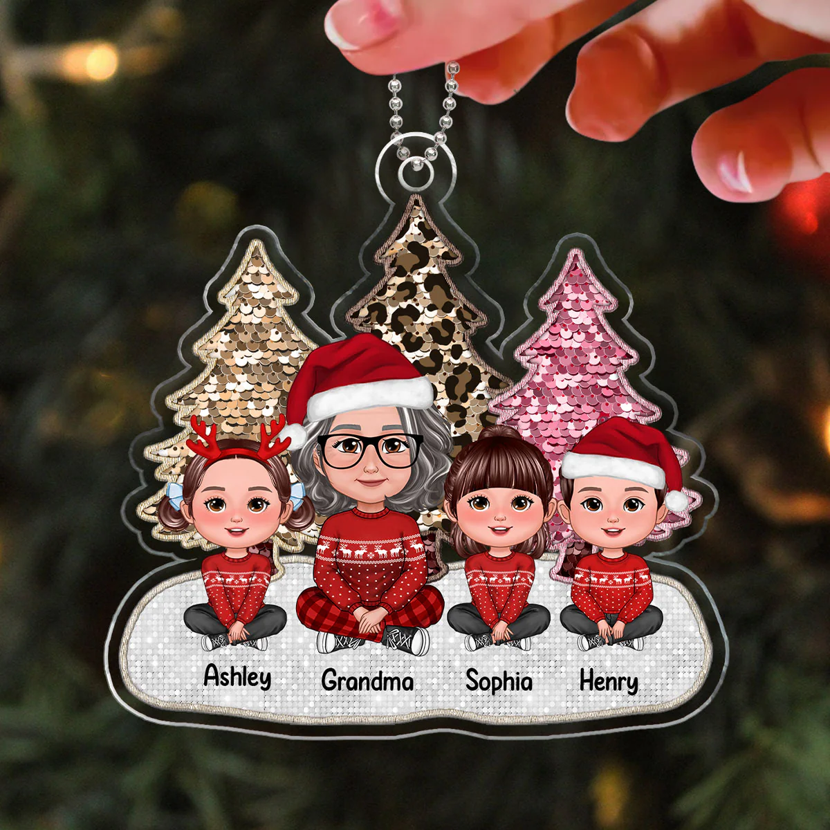Pink Leopard Faux Sequin Effect Christmas Trees Grandma & Grandkids Crossed Legs Sitting Personalized Acrylic Ornament - Image 3
