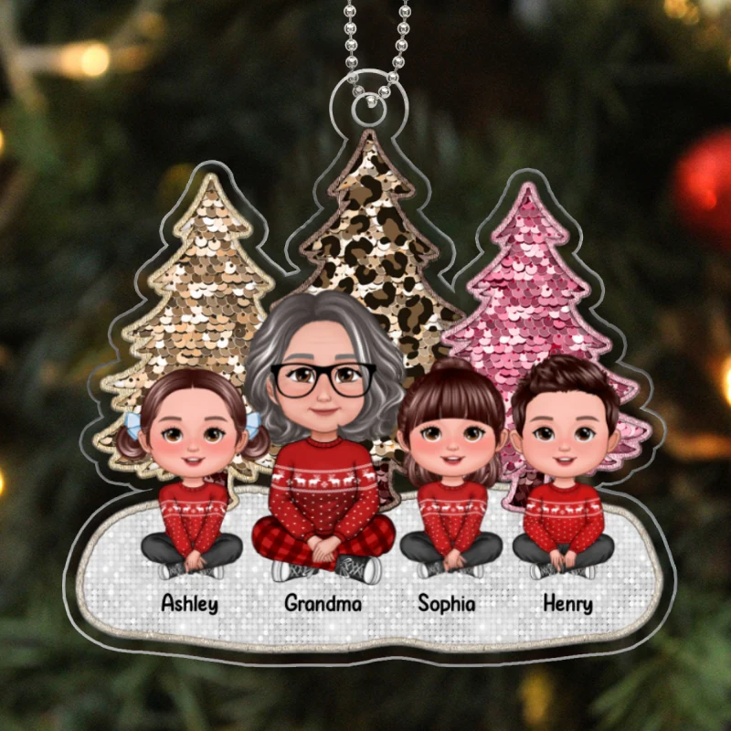 Pink Leopard Faux Sequin Effect Christmas Trees Grandma & Grandkids Crossed Legs Sitting Personalized Acrylic Ornament - Image 5